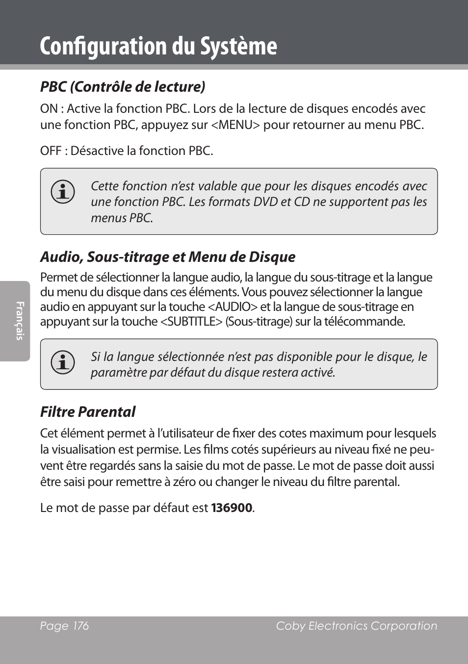 Configuration du système | COBY DVD978 User Manual | Page 176 / 190