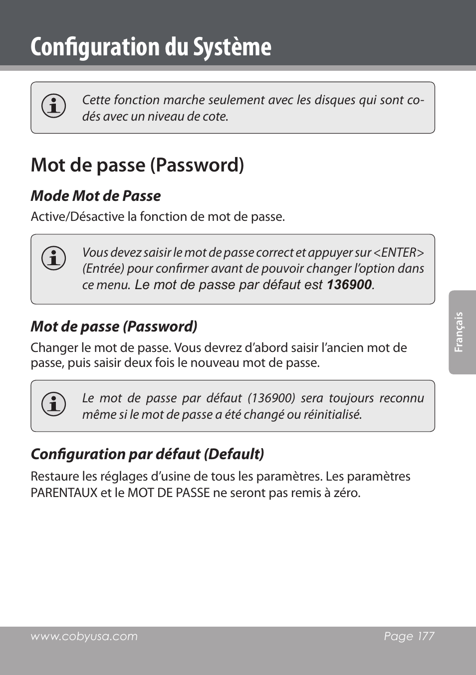 Configuration du système, Mot de passe (password) | COBY DVD978 User Manual | Page 177 / 190