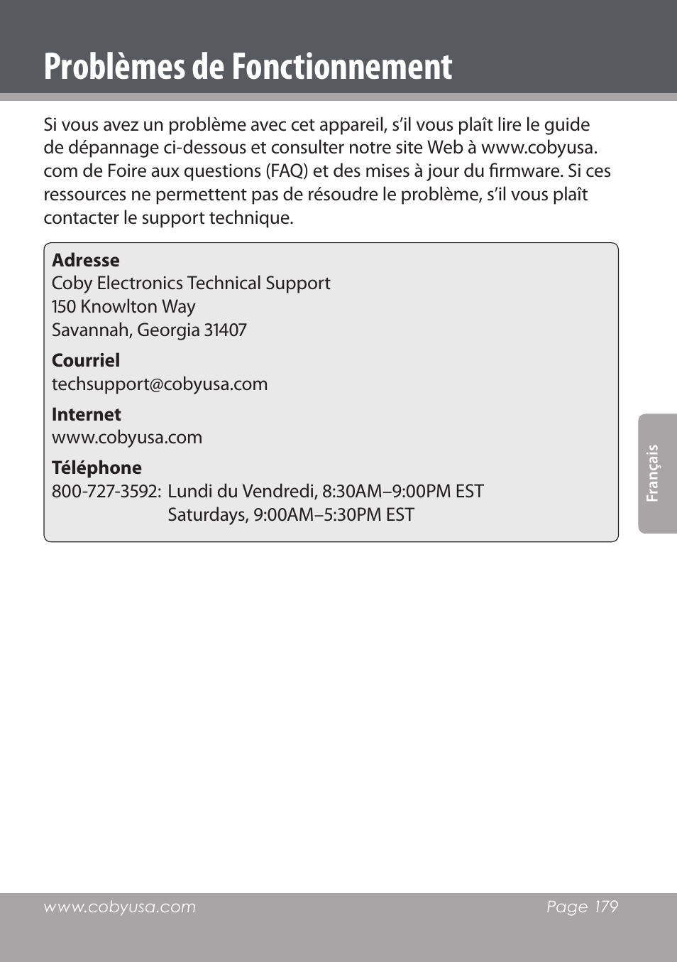 Problèmes de fonctionnement | COBY DVD978 User Manual | Page 179 / 190