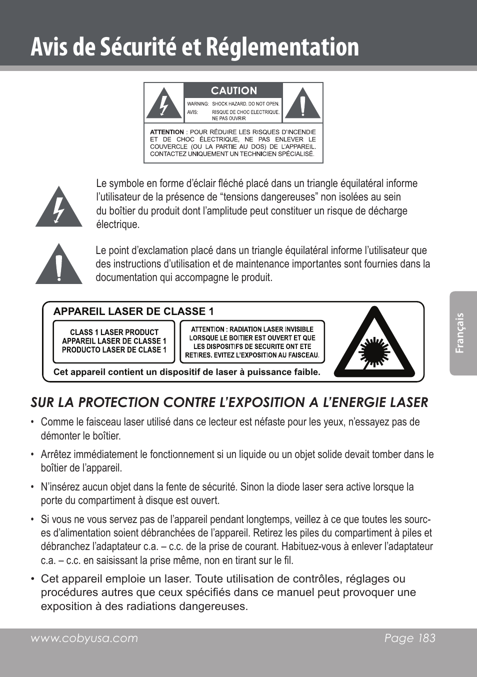 Avis de sécurité et réglementation | COBY DVD978 User Manual | Page 183 / 190