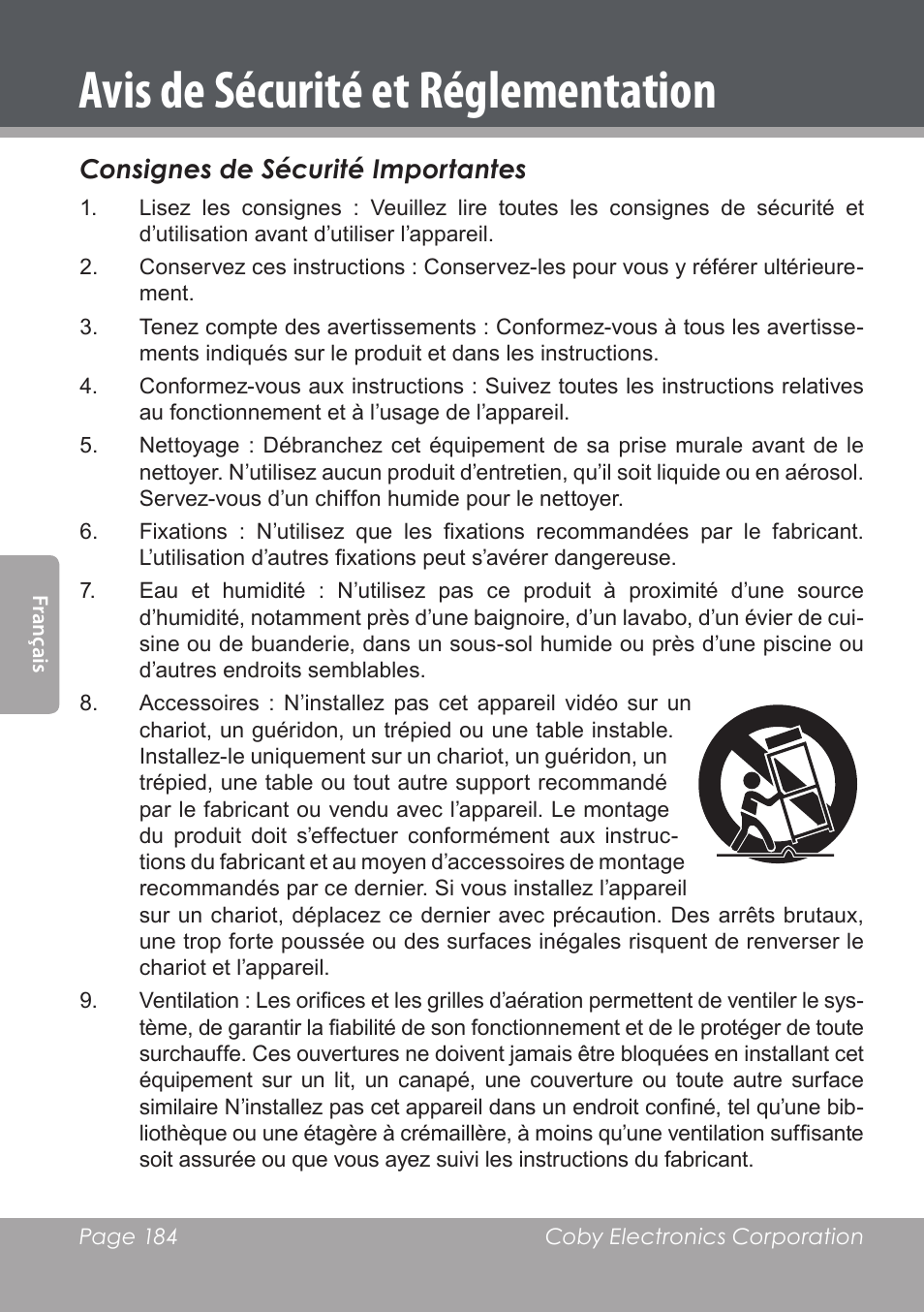 Avis de sécurité et réglementation, Consignes de sécurité importantes | COBY DVD978 User Manual | Page 184 / 190