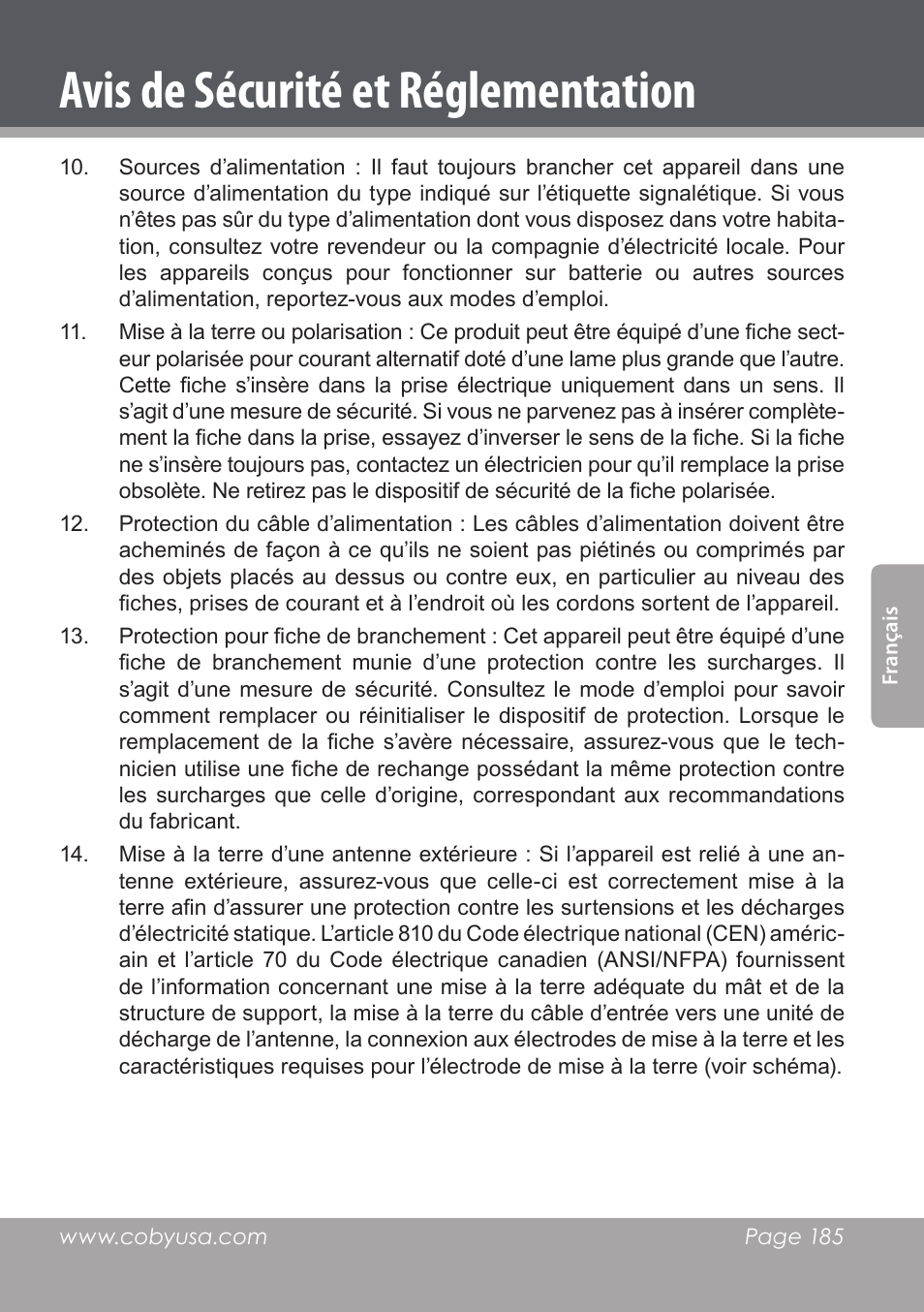 Avis de sécurité et réglementation | COBY DVD978 User Manual | Page 185 / 190