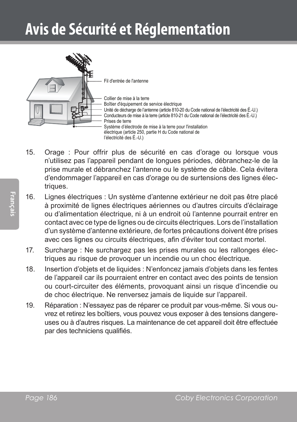 Avis de sécurité et réglementation | COBY DVD978 User Manual | Page 186 / 190