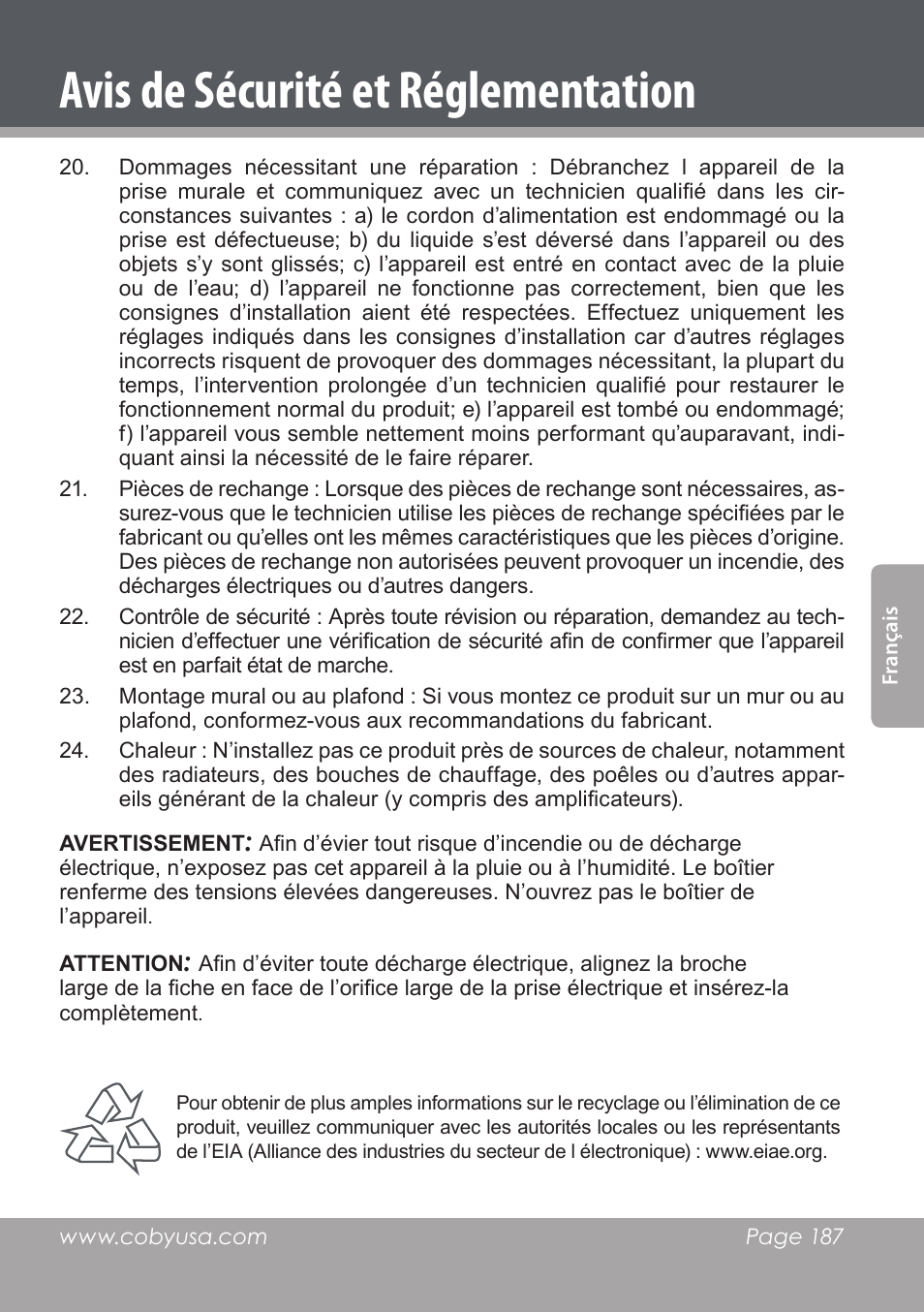 Avis de sécurité et réglementation | COBY DVD978 User Manual | Page 187 / 190