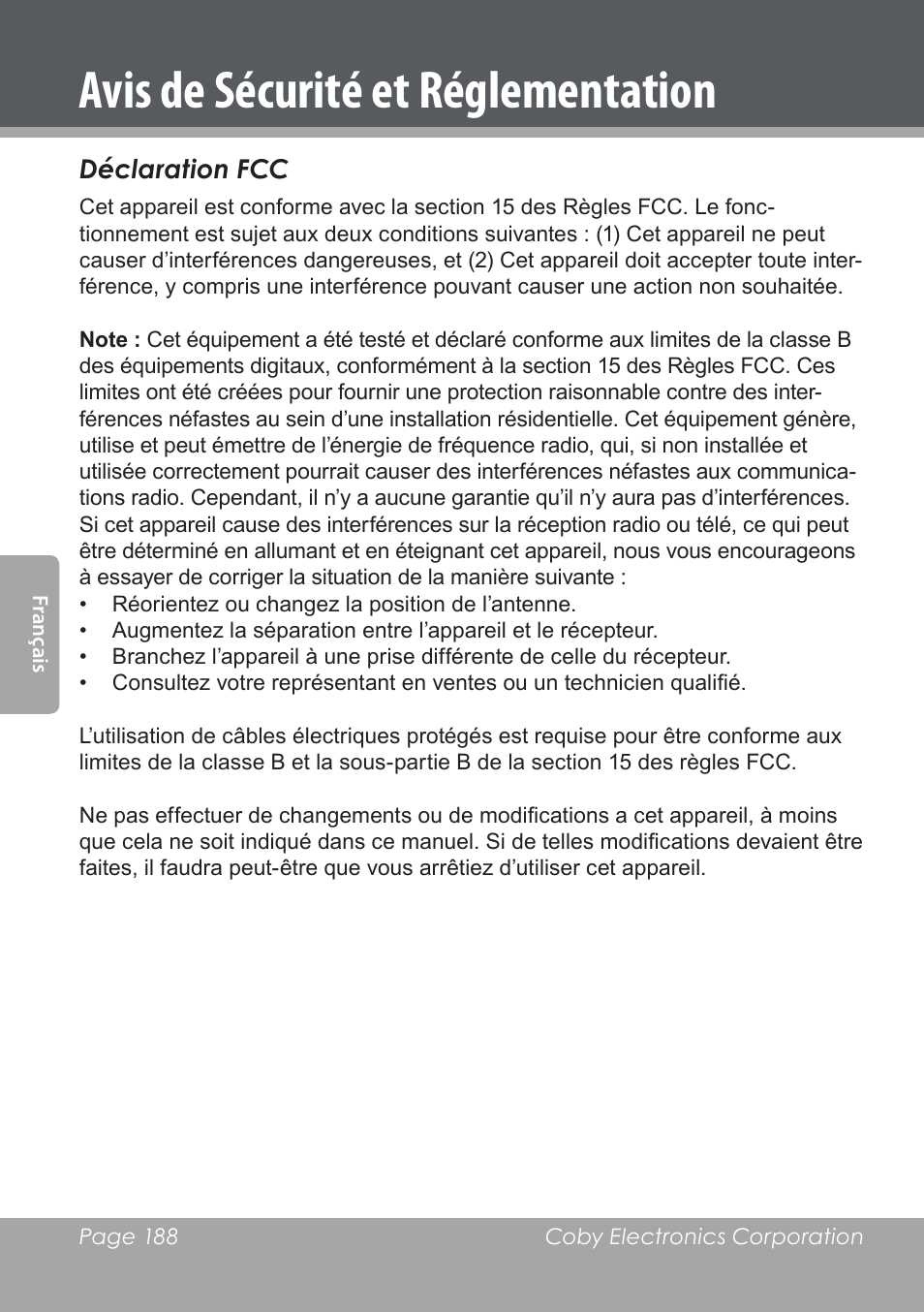 Avis de sécurité et réglementation, Déclaration fcc | COBY DVD978 User Manual | Page 188 / 190