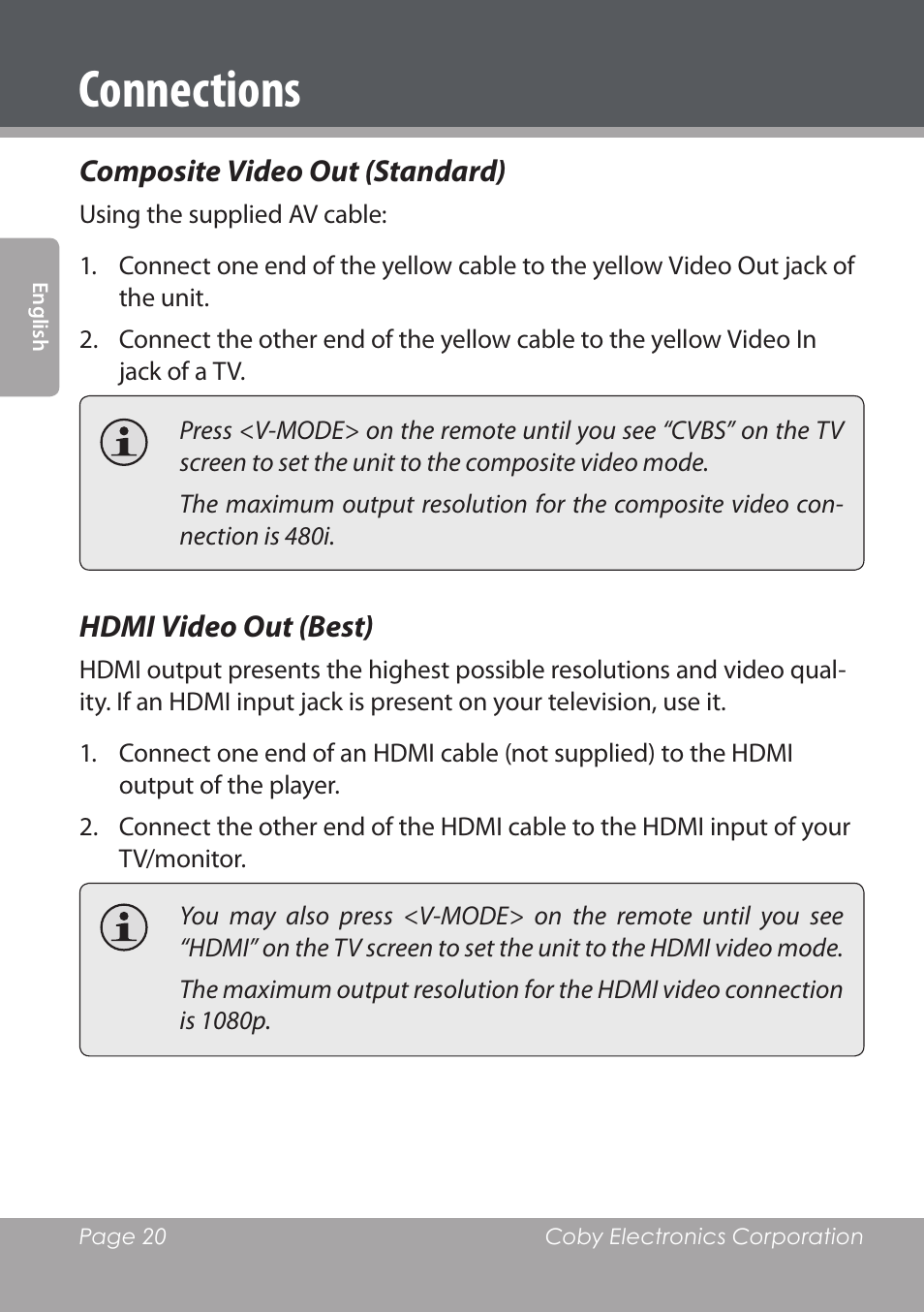 Connections | COBY DVD978 User Manual | Page 20 / 190