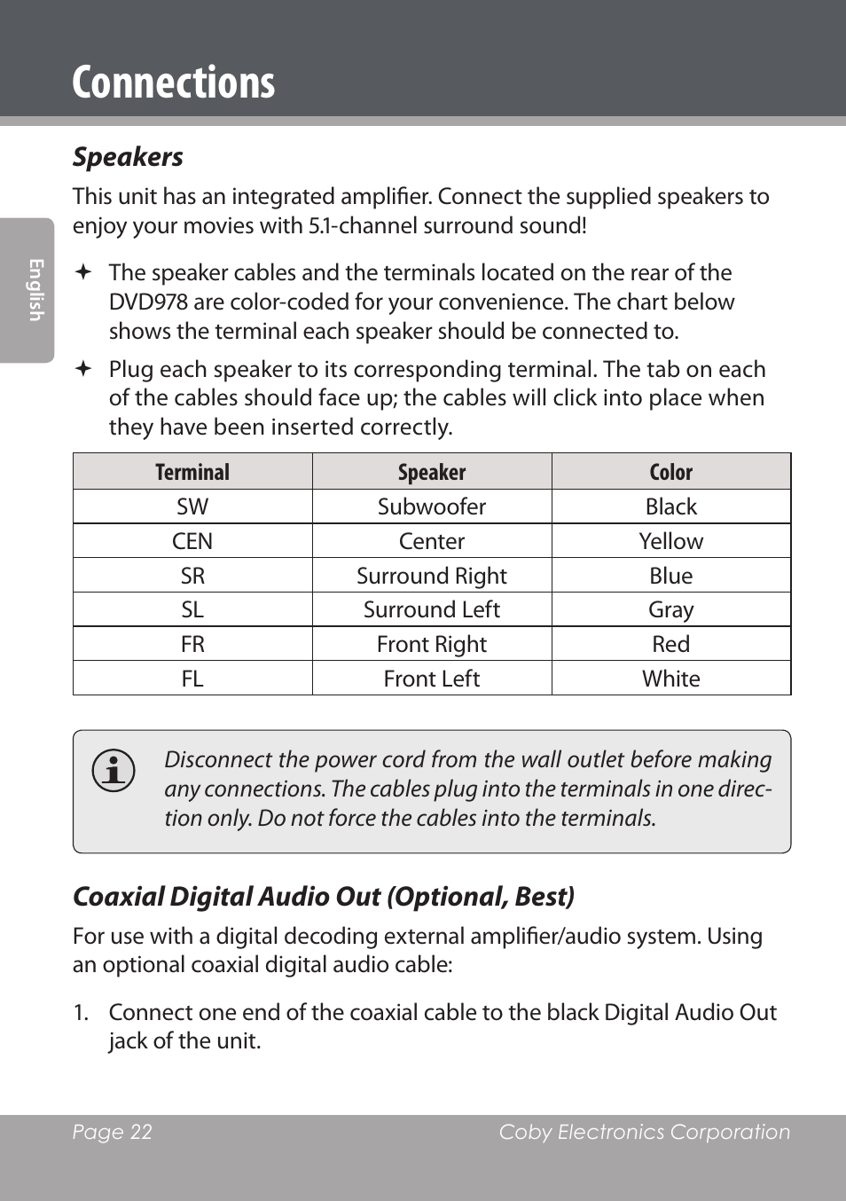 Connections, Speakers, Coaxial digital audio out (optional, best) | COBY DVD978 User Manual | Page 22 / 190