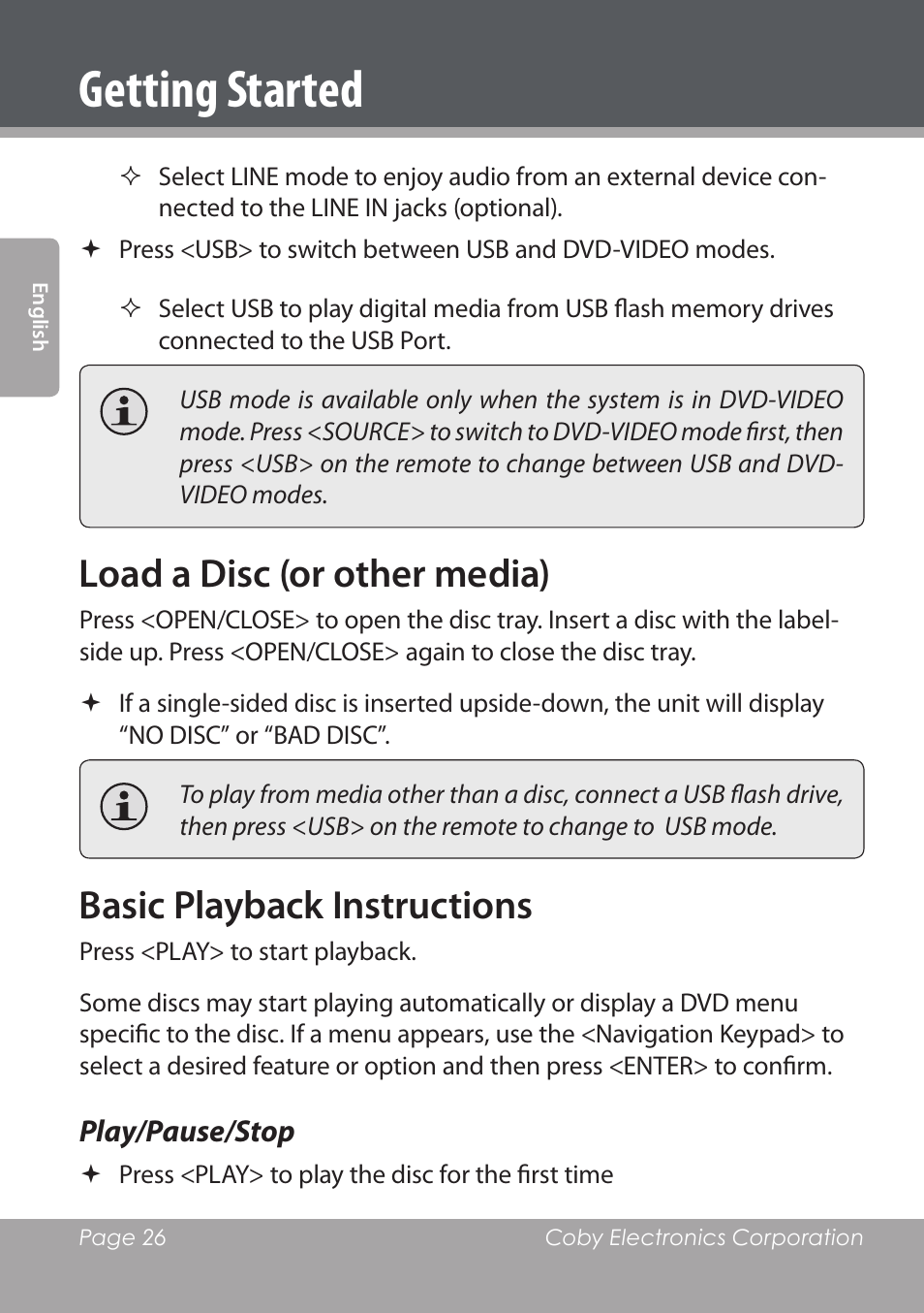 Getting started, Load a disc (or other media), Basic playback instructions | COBY DVD978 User Manual | Page 26 / 190