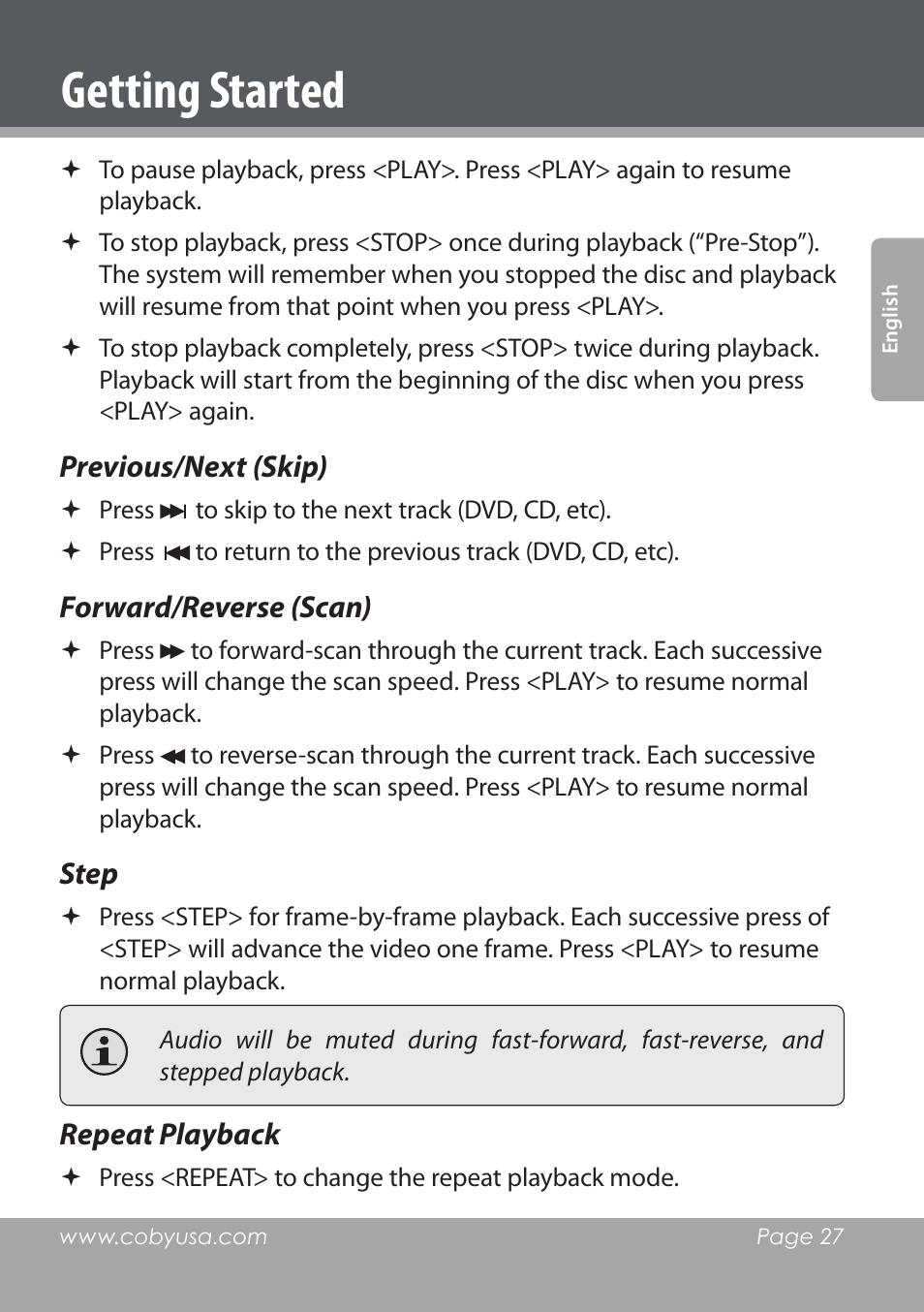 Getting started, Previous/next (skip), Forward/reverse (scan) | Step, Repeat playback | COBY DVD978 User Manual | Page 27 / 190