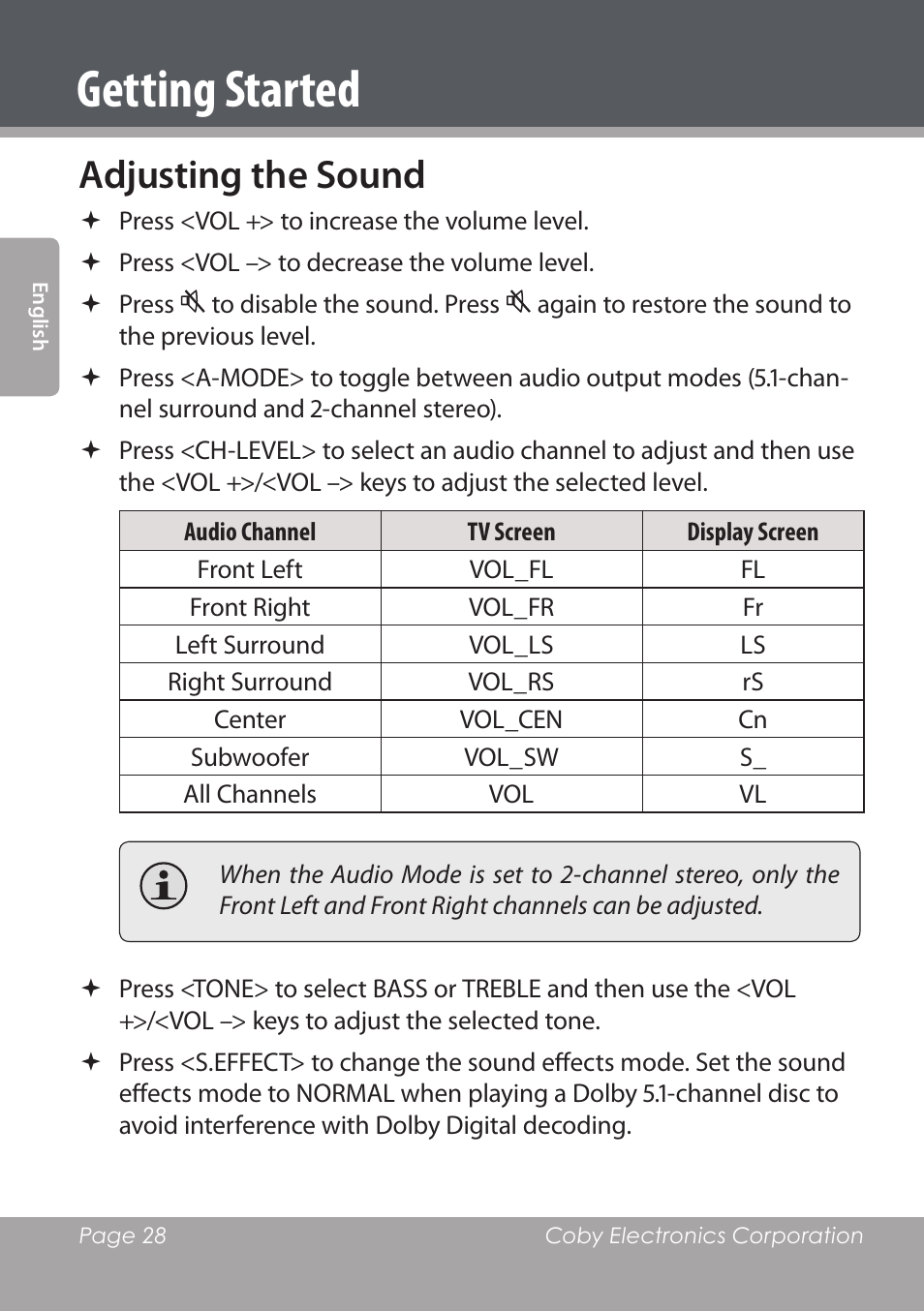 Getting started, Adjusting the sound | COBY DVD978 User Manual | Page 28 / 190