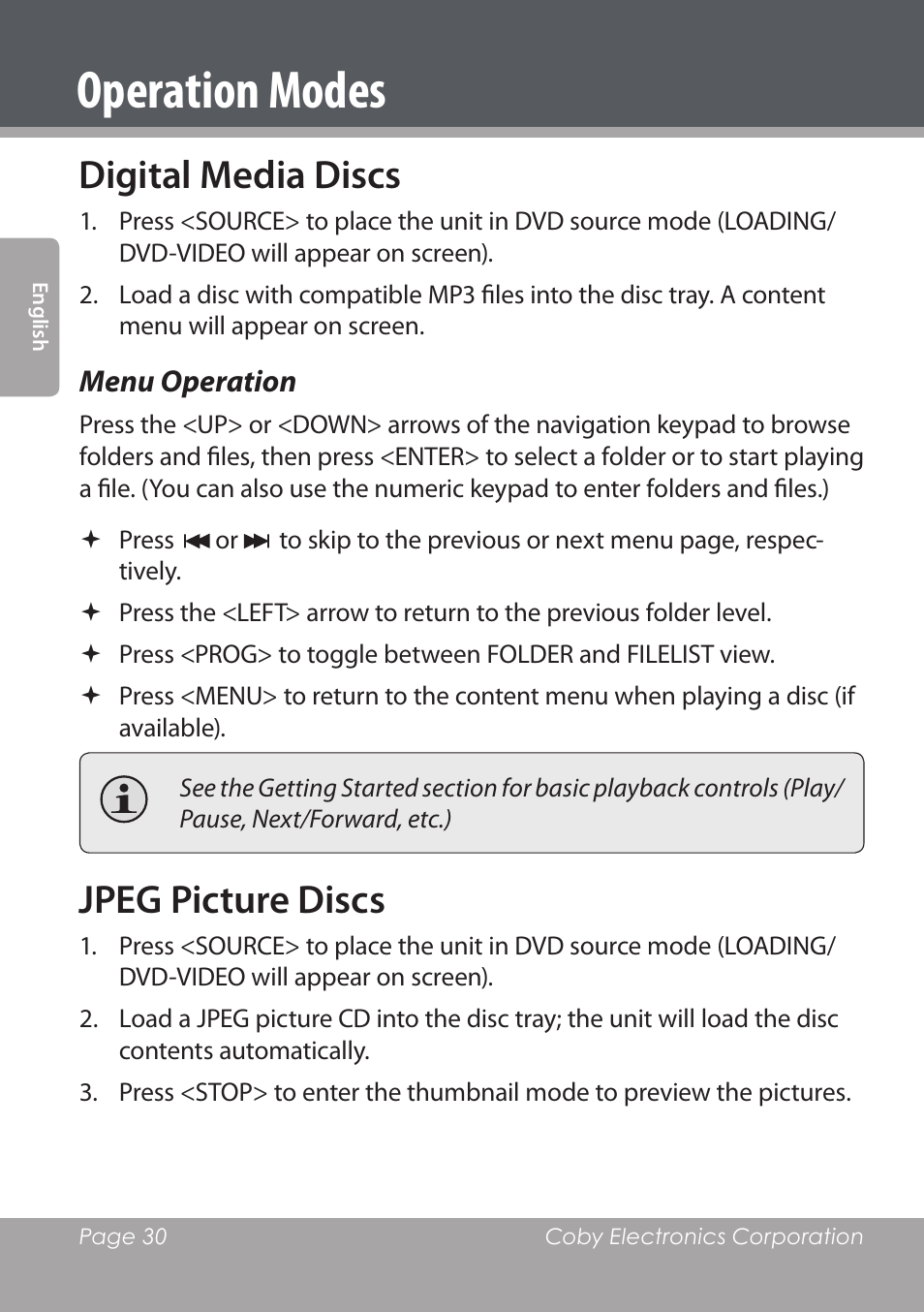 Operation modes, Digital media discs, Jpeg picture discs | COBY DVD978 User Manual | Page 30 / 190