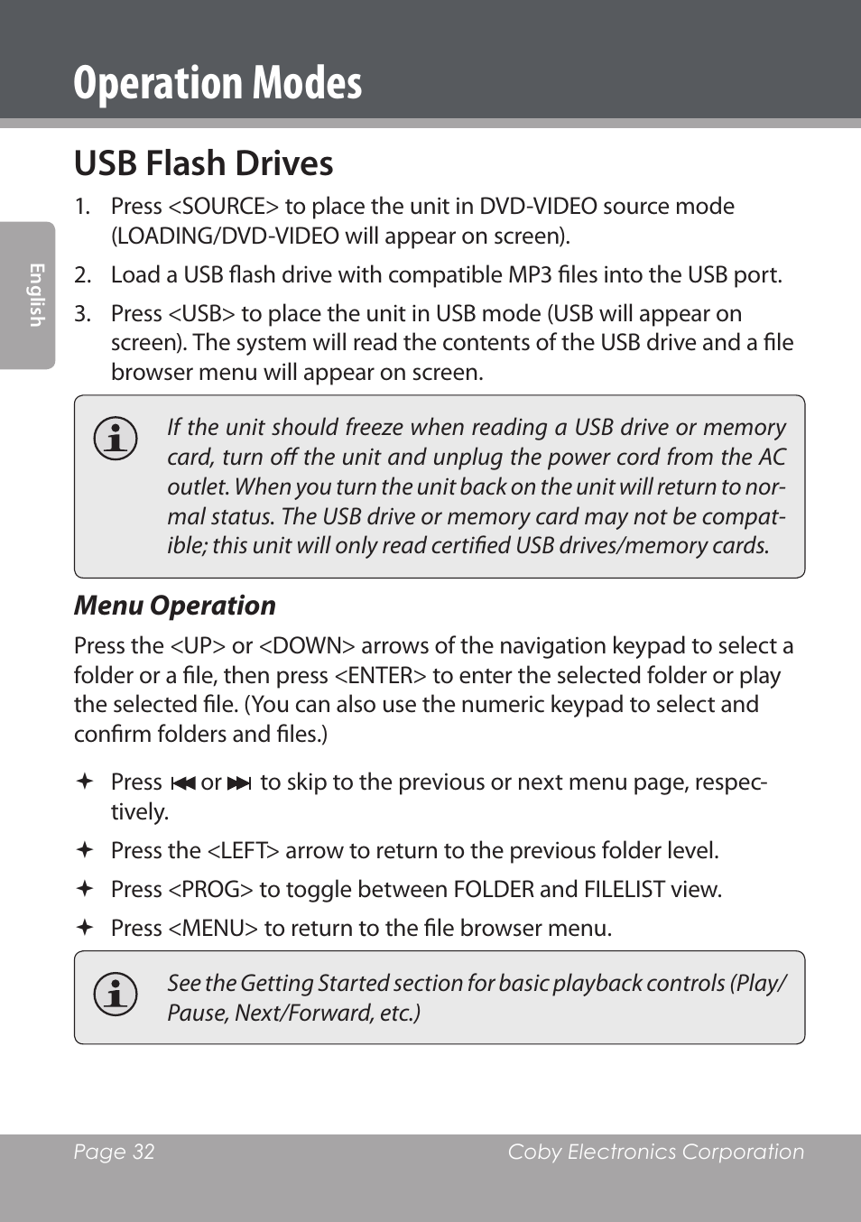 Operation modes, Usb flash drives | COBY DVD978 User Manual | Page 32 / 190