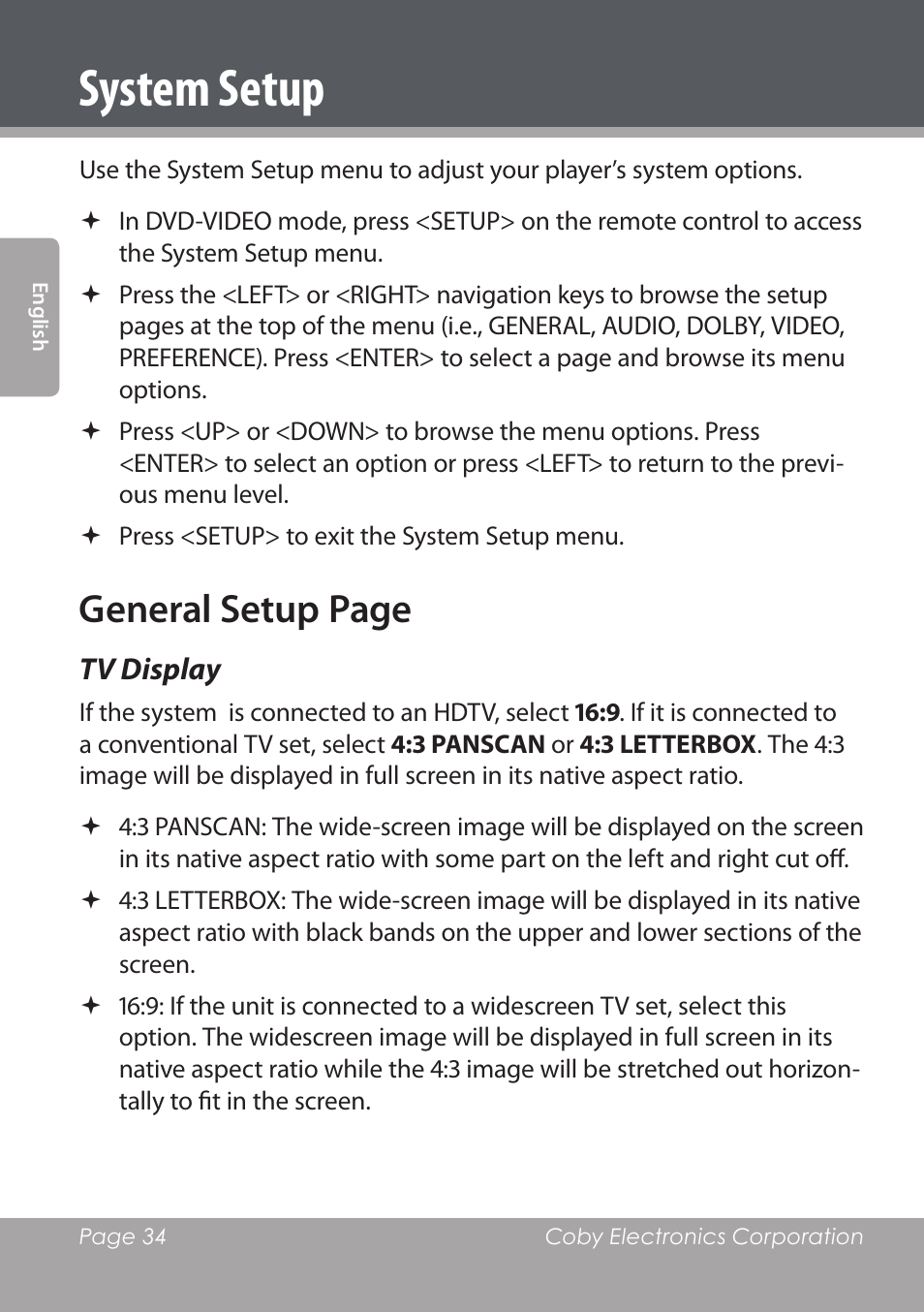 System setup, General setup page | COBY DVD978 User Manual | Page 34 / 190