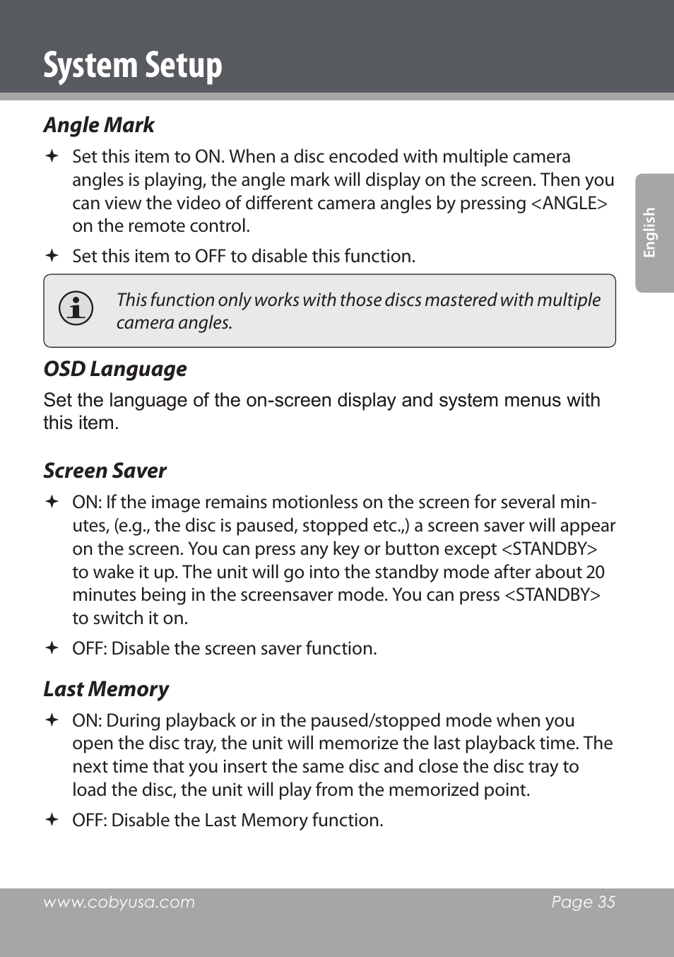 System setup, Angle mark, Osd language | Screen saver | COBY DVD978 User Manual | Page 35 / 190