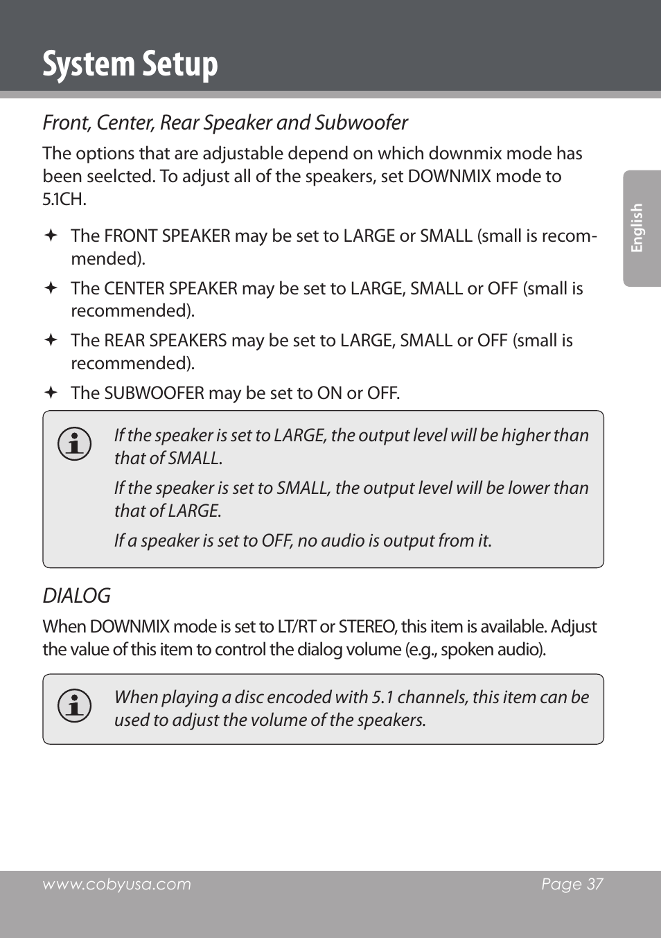 System setup, Front, center, rear speaker and subwoofer, Dialog | COBY DVD978 User Manual | Page 37 / 190