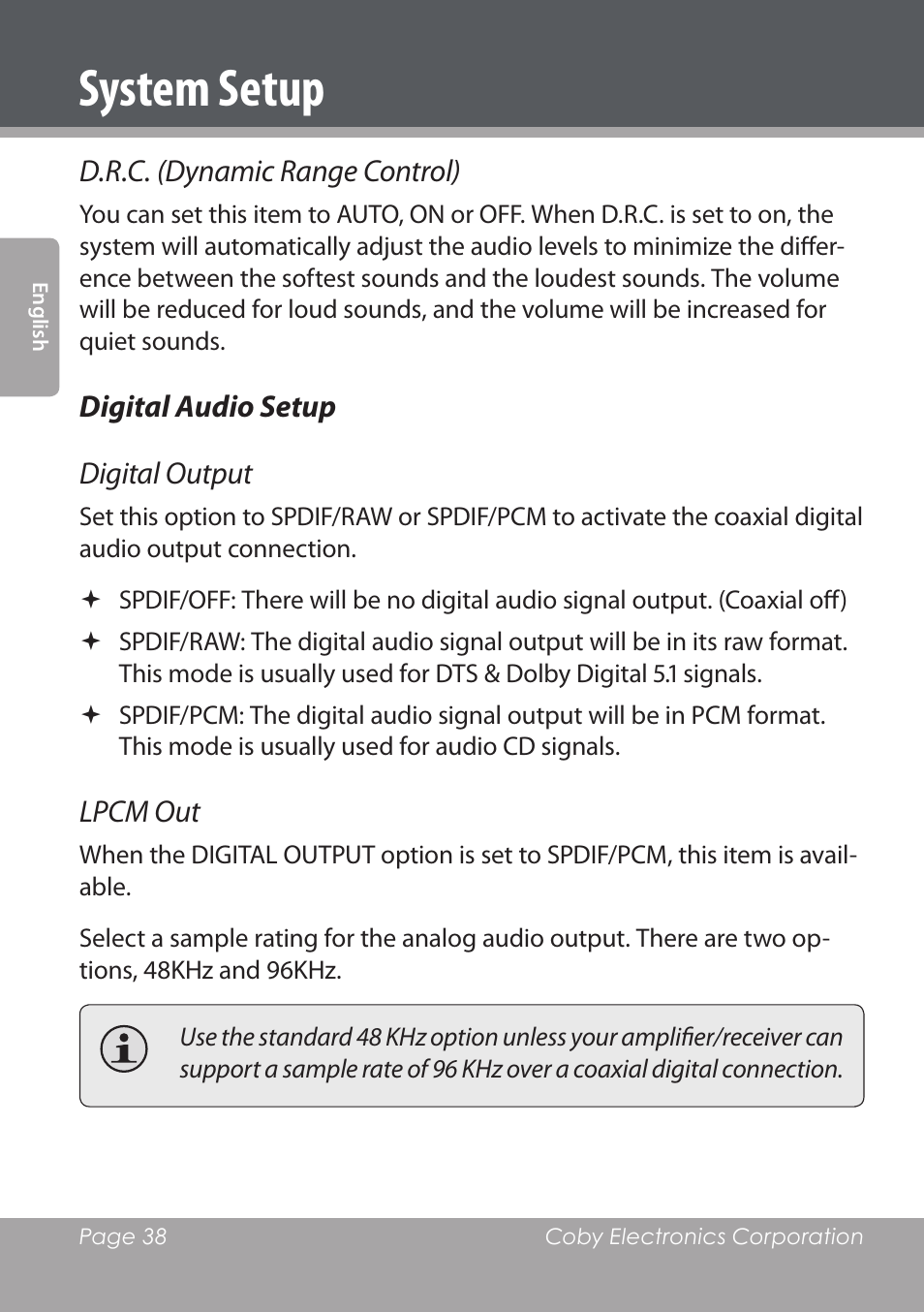 System setup | COBY DVD978 User Manual | Page 38 / 190