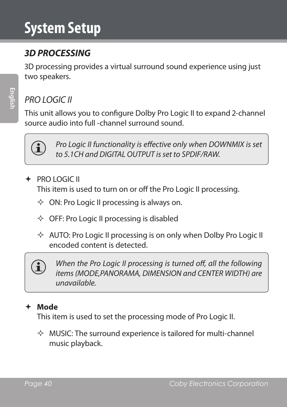 System setup, 3d processing, Pro logic ii | COBY DVD978 User Manual | Page 40 / 190