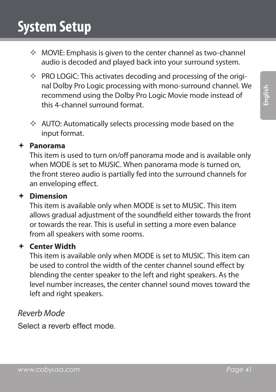 System setup, Reverb mode | COBY DVD978 User Manual | Page 41 / 190