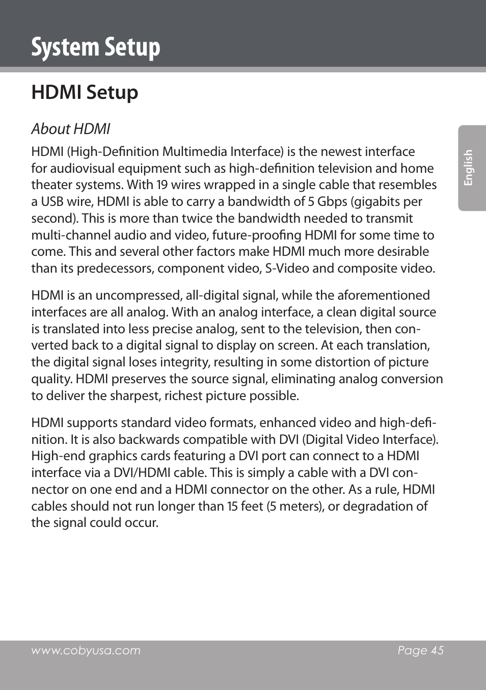 System setup, Hdmi setup | COBY DVD978 User Manual | Page 45 / 190