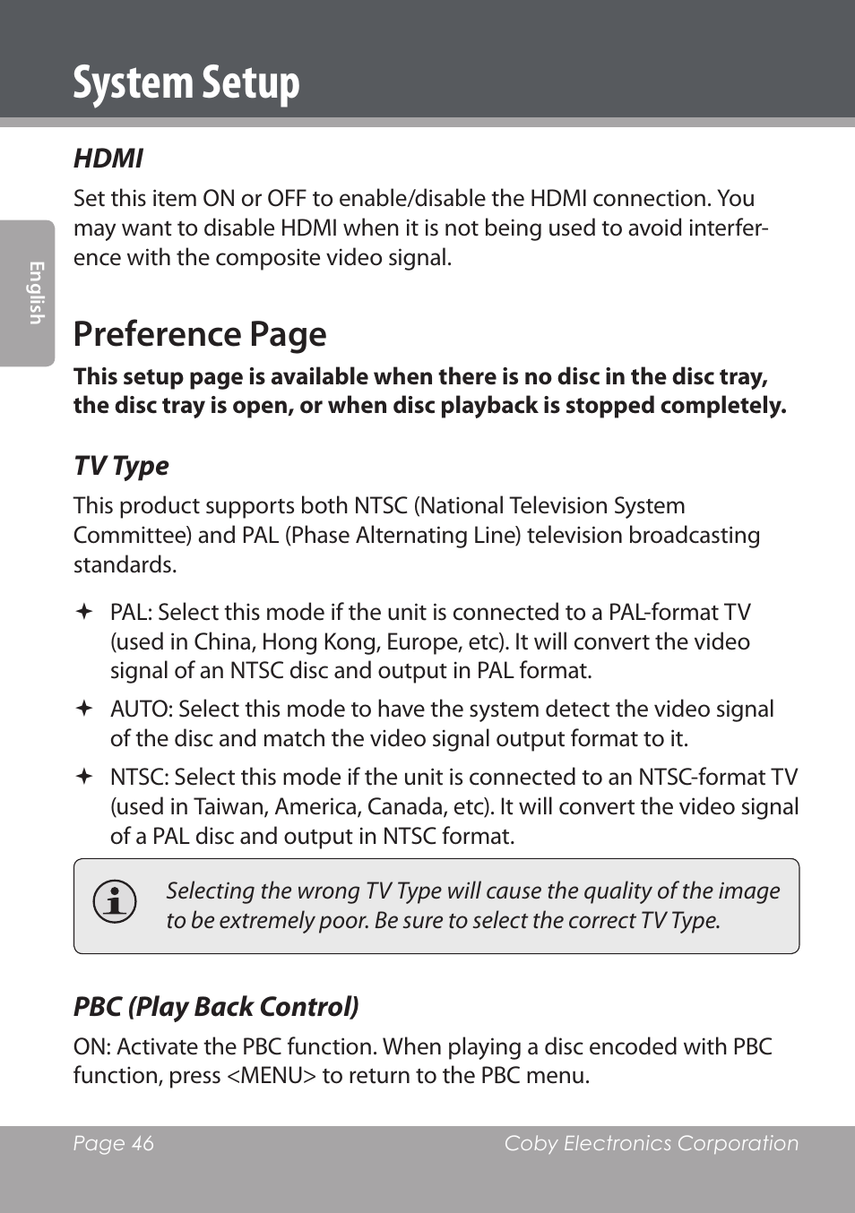 System setup, Preference page | COBY DVD978 User Manual | Page 46 / 190