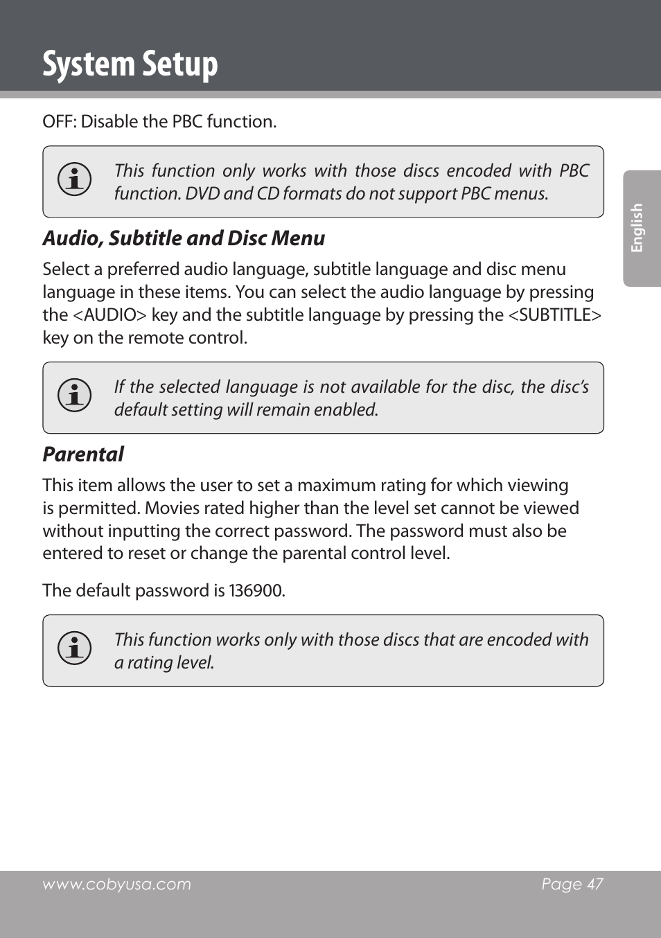 System setup | COBY DVD978 User Manual | Page 47 / 190