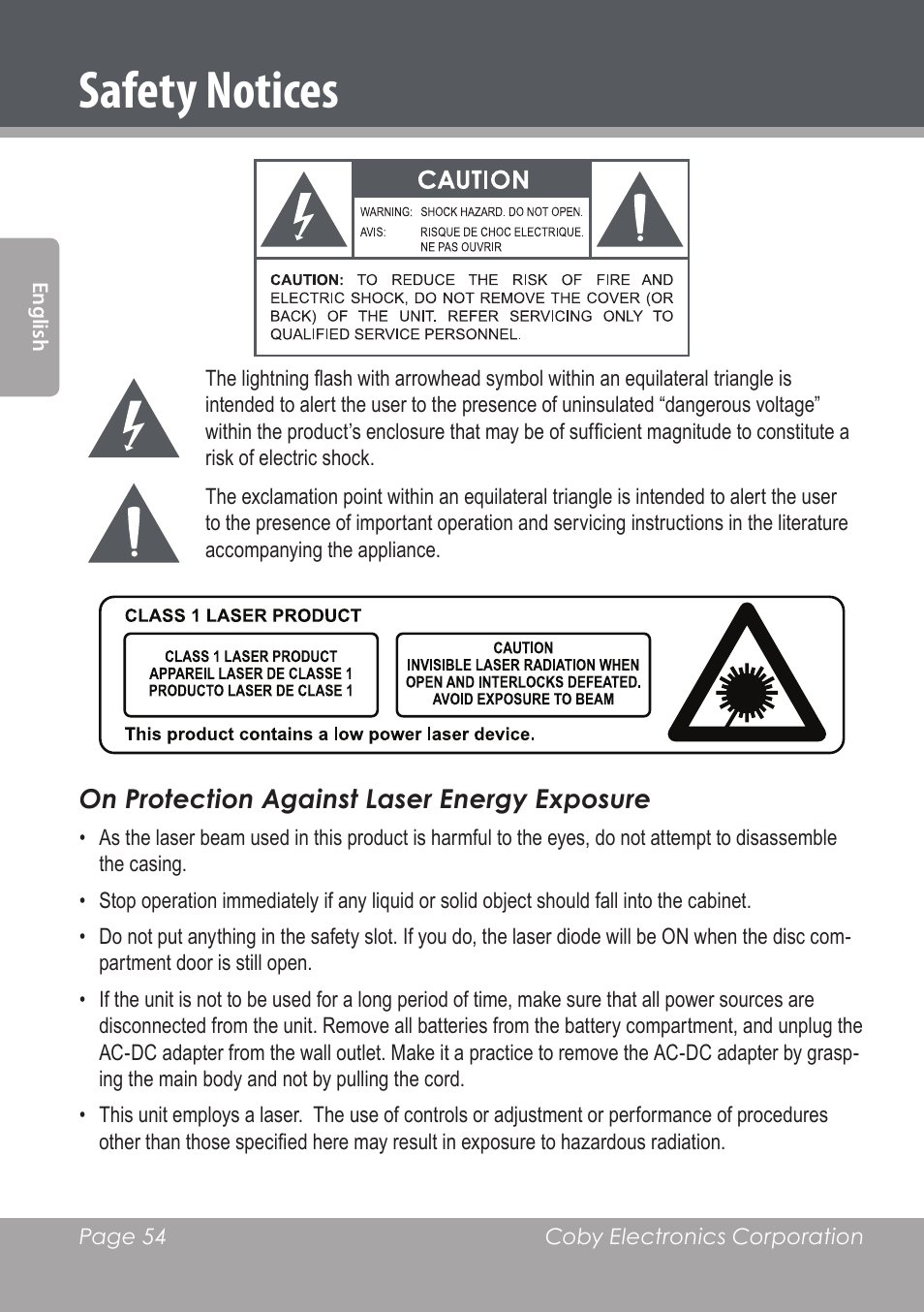 Safety notices | COBY DVD978 User Manual | Page 54 / 190