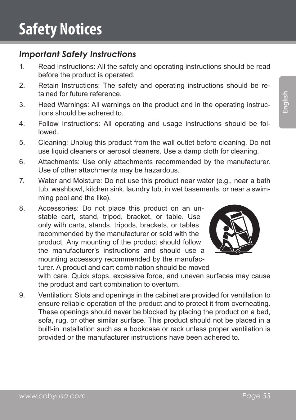 Safety notices, Important safety instructions | COBY DVD978 User Manual | Page 55 / 190