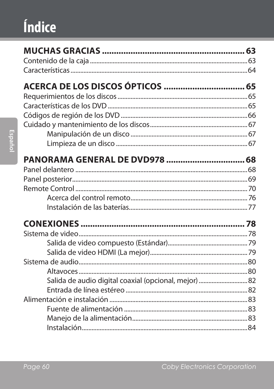 Índice, Muchas gracias, Acerca de los discos ópticos | Panorama general de dvd978, Conexiones | COBY DVD978 User Manual | Page 60 / 190