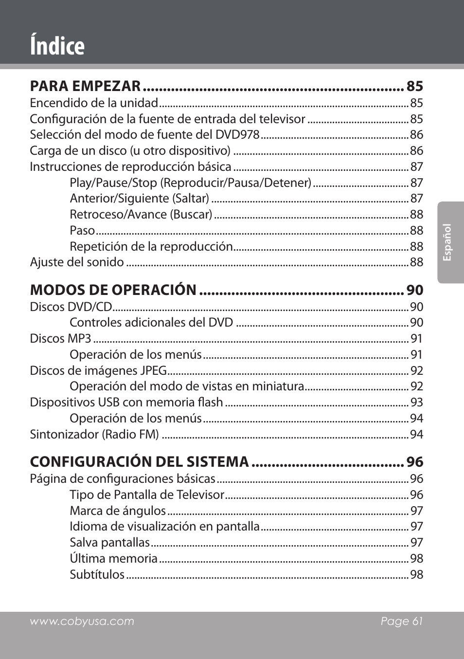 Índice, Para empezar, Modos de operación | Configuración del sistema | COBY DVD978 User Manual | Page 61 / 190