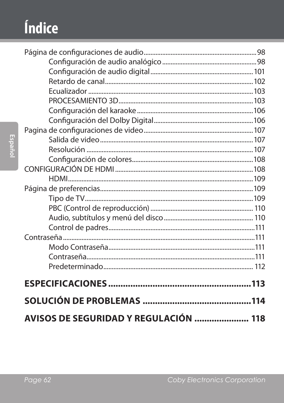 Índice | COBY DVD978 User Manual | Page 62 / 190