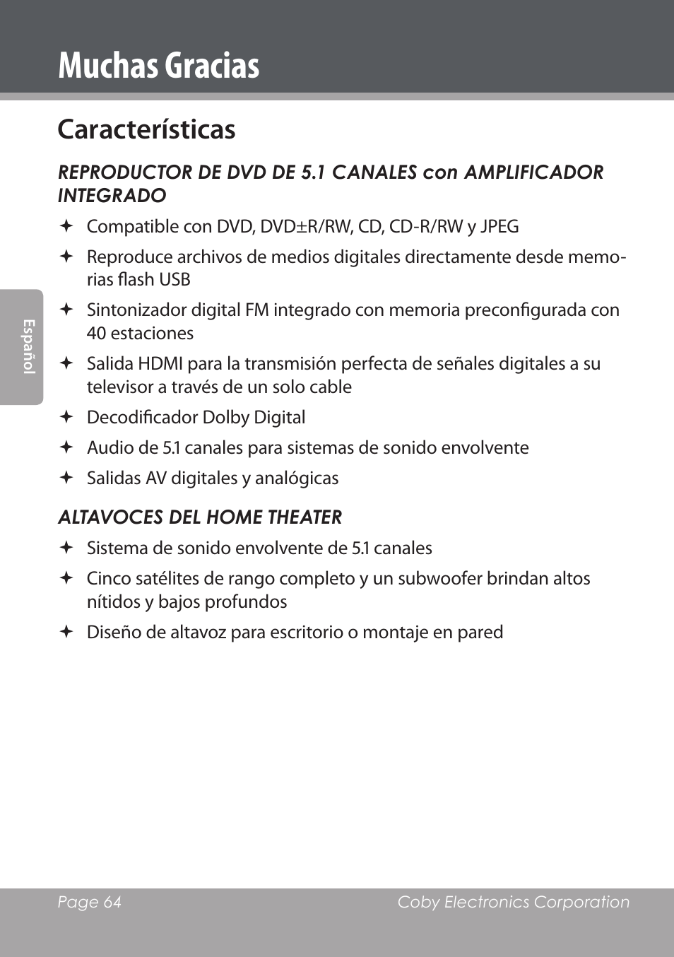 Muchas gracias, Características | COBY DVD978 User Manual | Page 64 / 190