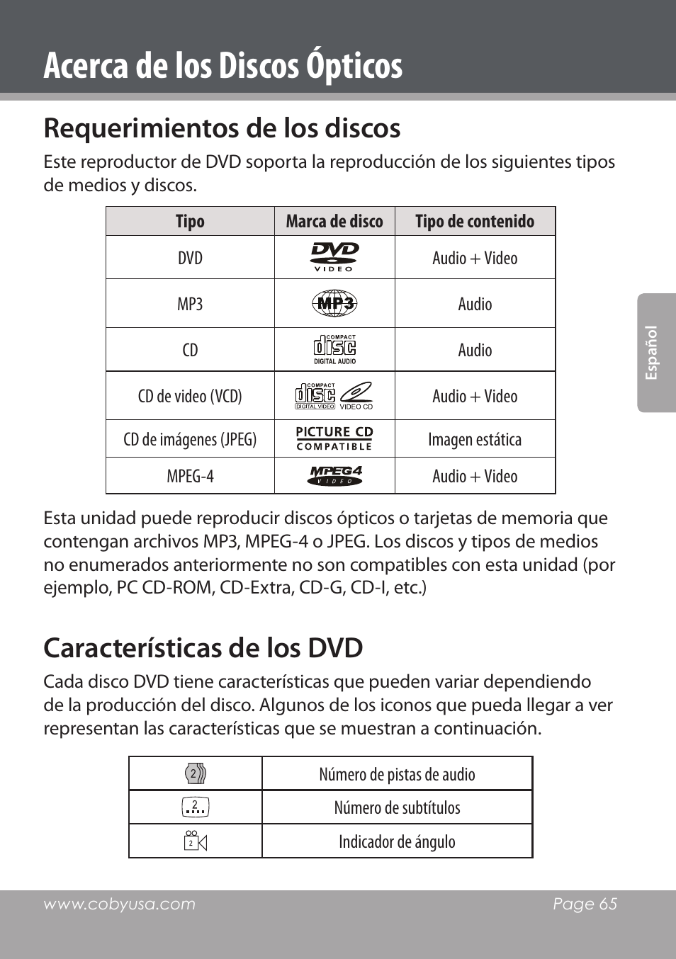 Acerca de los discos ópticos, Requerimientos de los discos, Características de los dvd | COBY DVD978 User Manual | Page 65 / 190