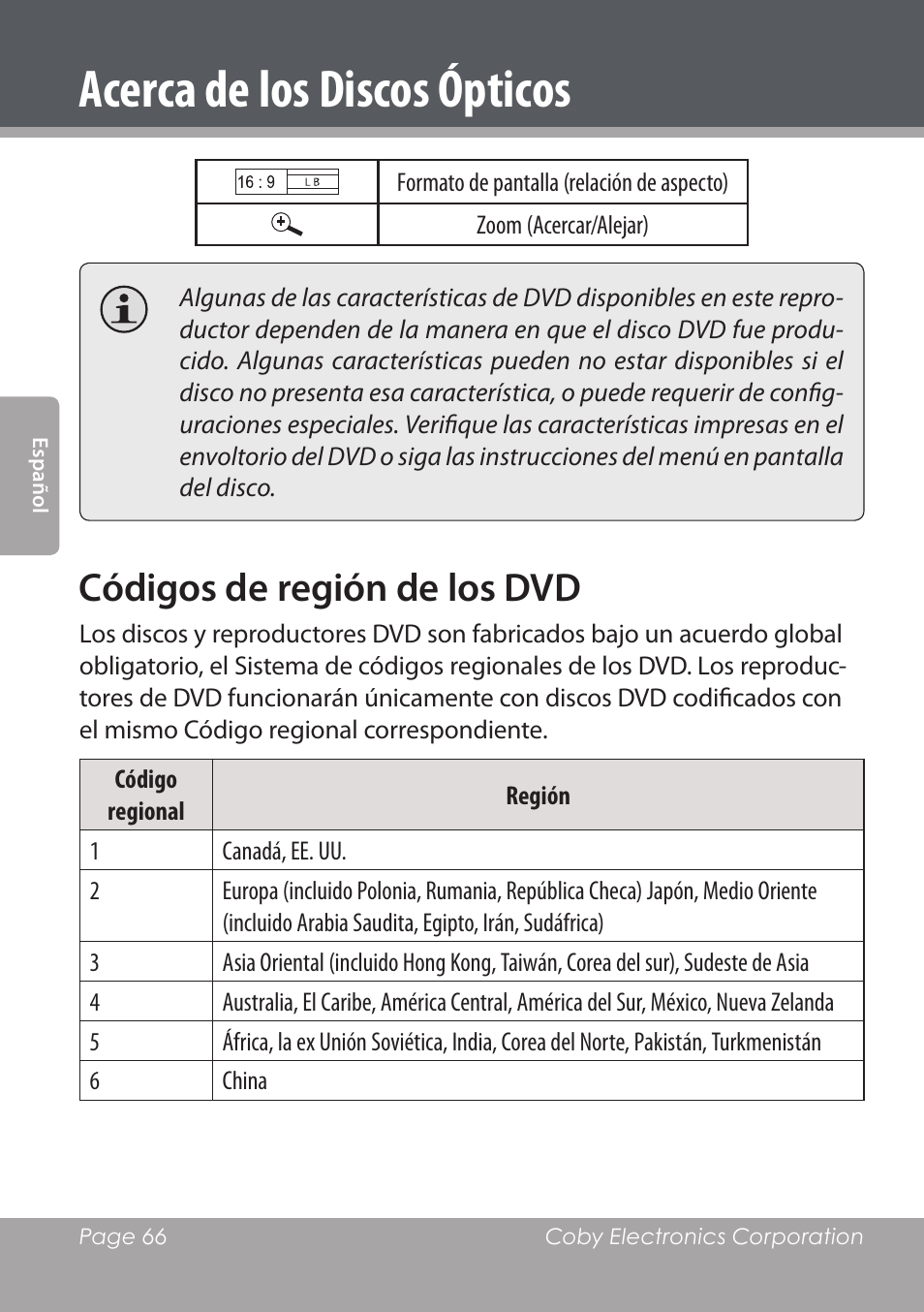 Acerca de los discos ópticos, Códigos de región de los dvd | COBY DVD978 User Manual | Page 66 / 190