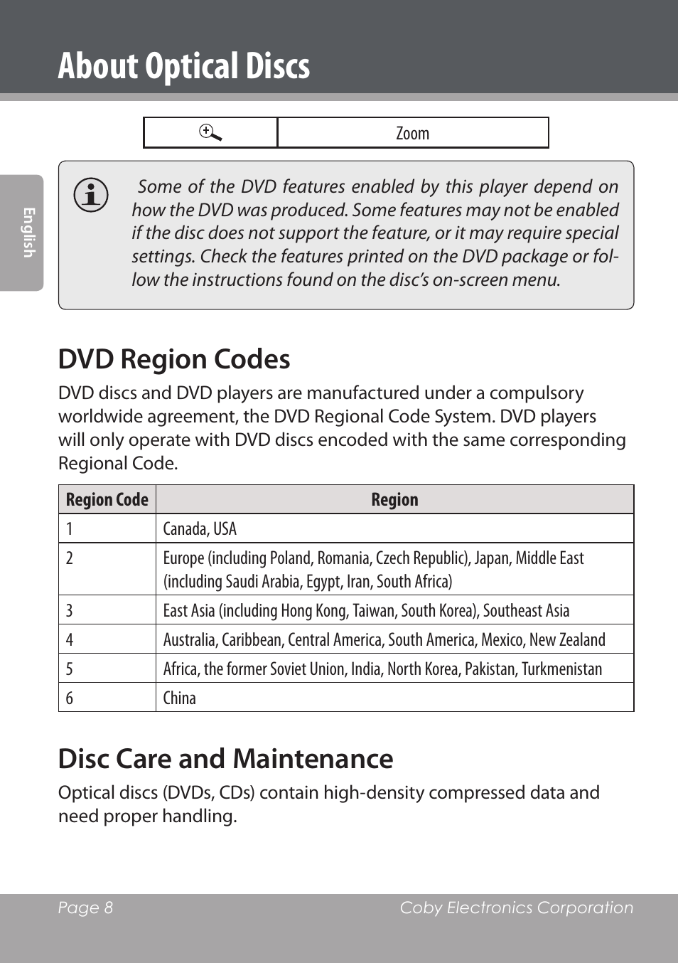 About optical discs, Dvd region codes, Disc care and maintenance | COBY DVD978 User Manual | Page 8 / 190