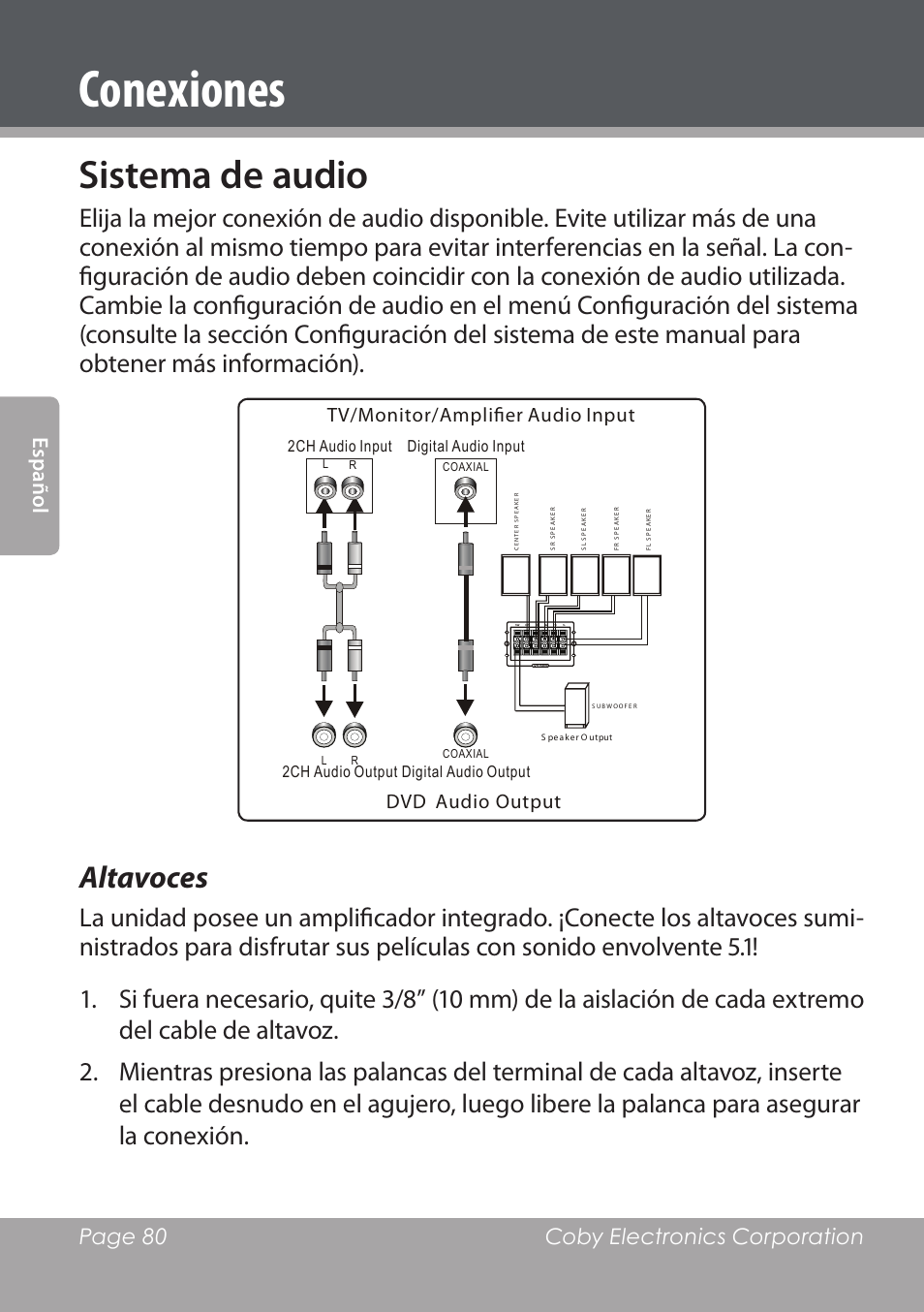 Conexiones, Sistema de audio, Altavoces | Page 80 coby electronics corporation esp añ ol, Tv/monitor/amplifier audio input dvd audio output | COBY DVD978 User Manual | Page 80 / 190