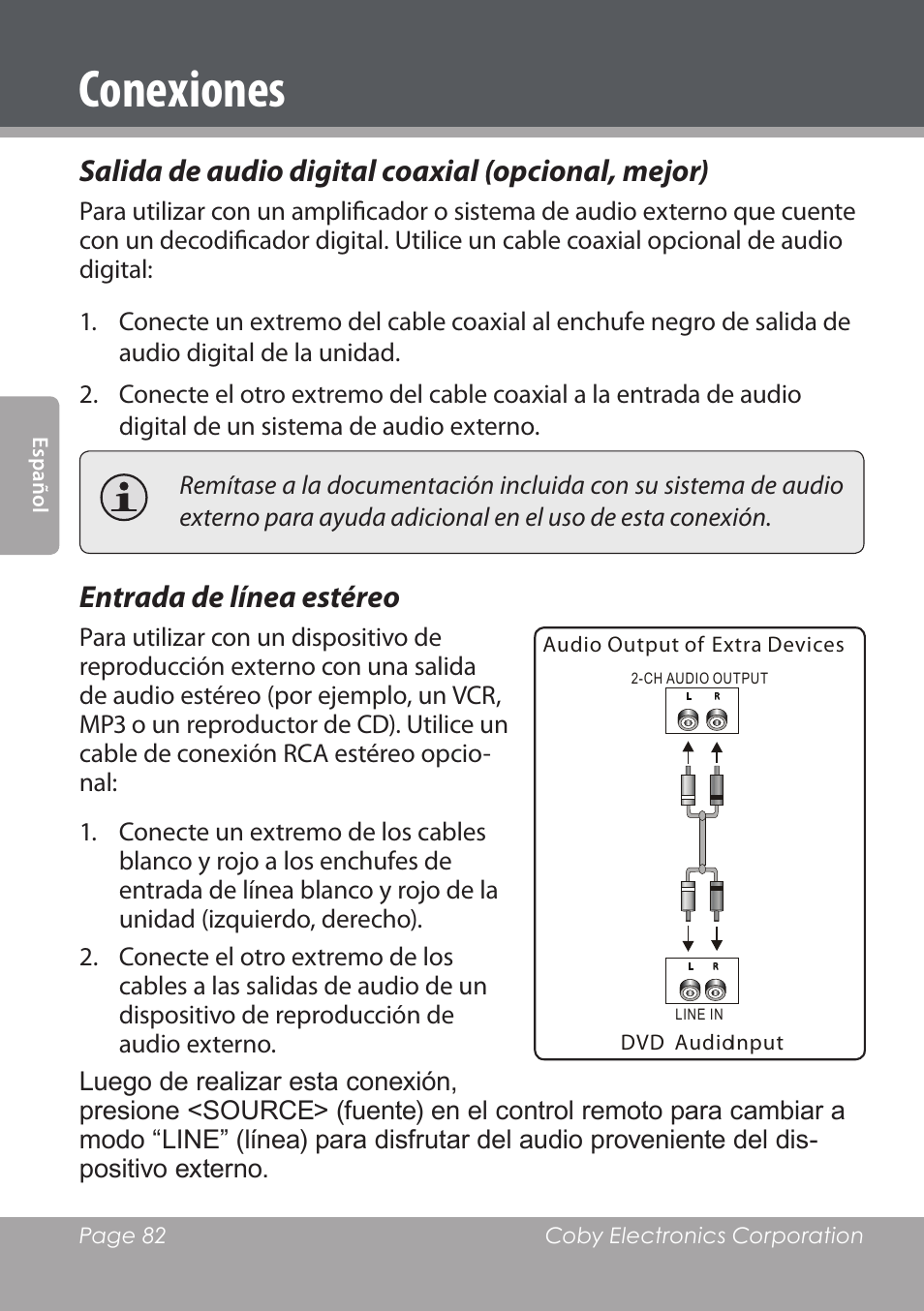 Conexiones, Salida de audio digital coaxial (opcional, mejor), Entrada de línea estéreo | COBY DVD978 User Manual | Page 82 / 190