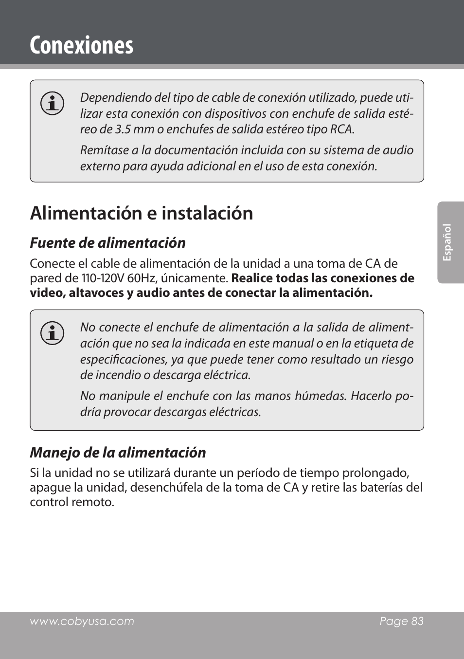 Conexiones, Alimentación e instalación | COBY DVD978 User Manual | Page 83 / 190