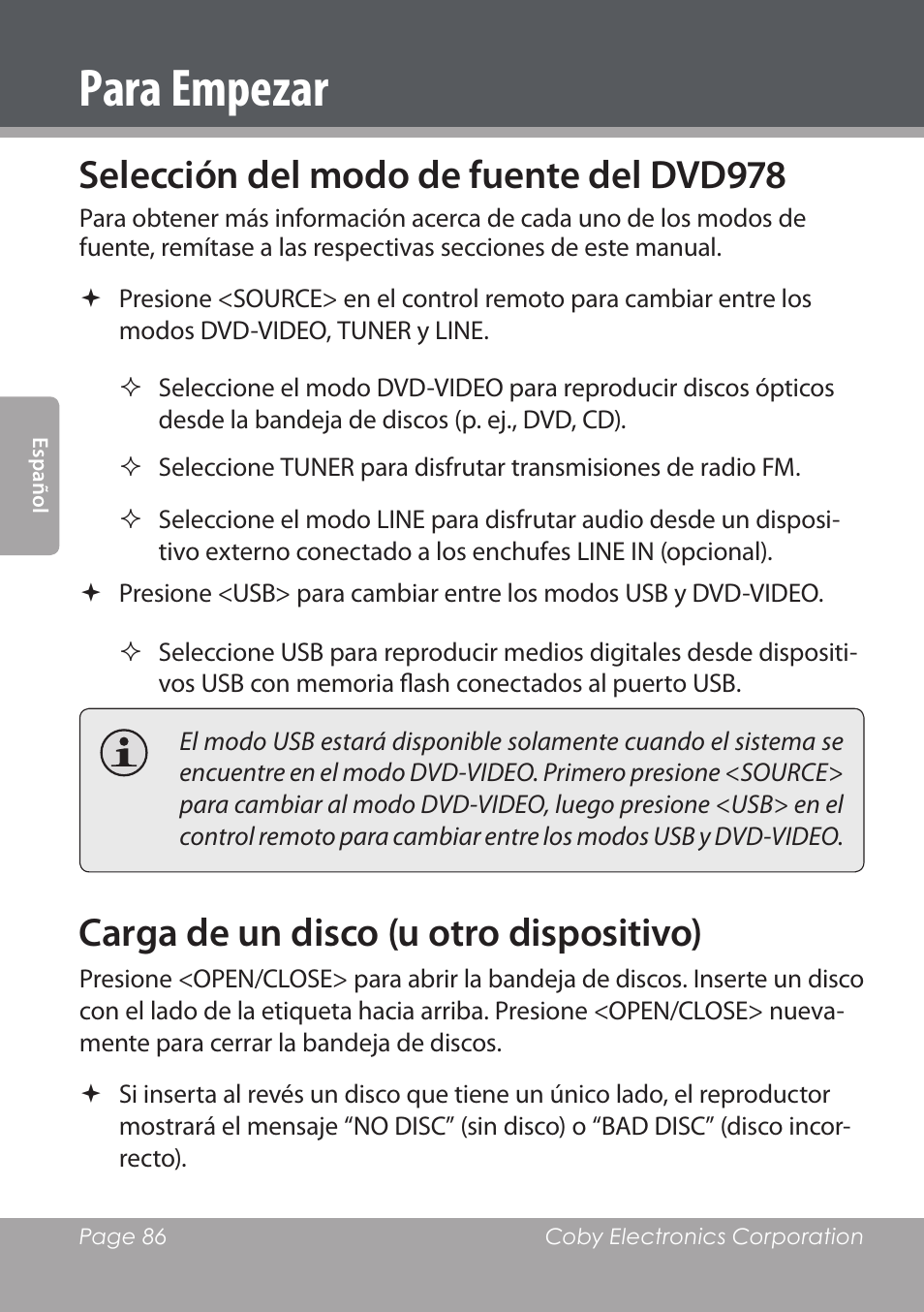 Para empezar, Selección del modo de fuente del dvd978, Carga de un disco (u otro dispositivo) | COBY DVD978 User Manual | Page 86 / 190