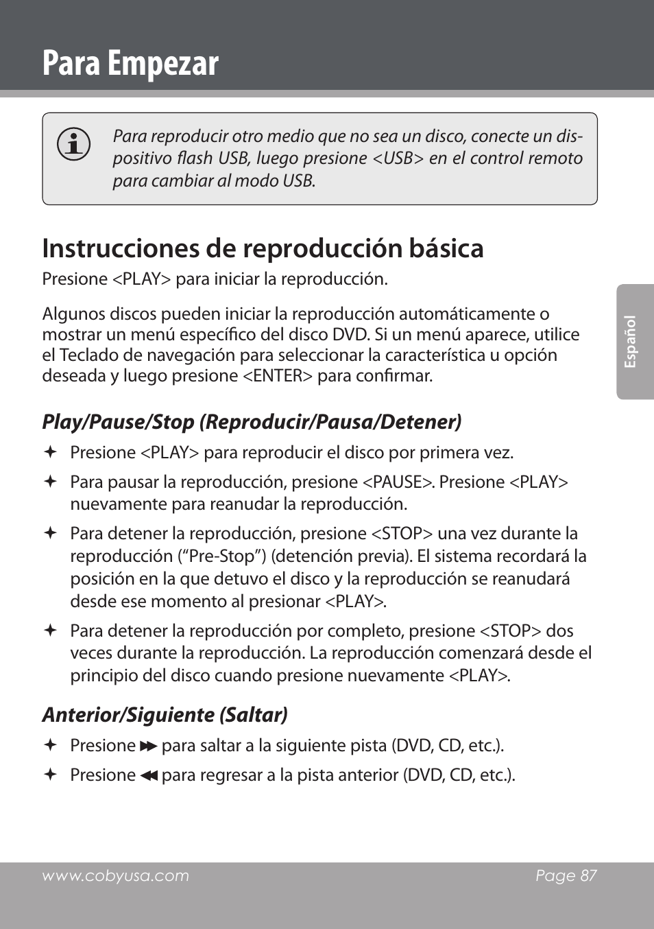 Para empezar, Instrucciones de reproducción básica | COBY DVD978 User Manual | Page 87 / 190