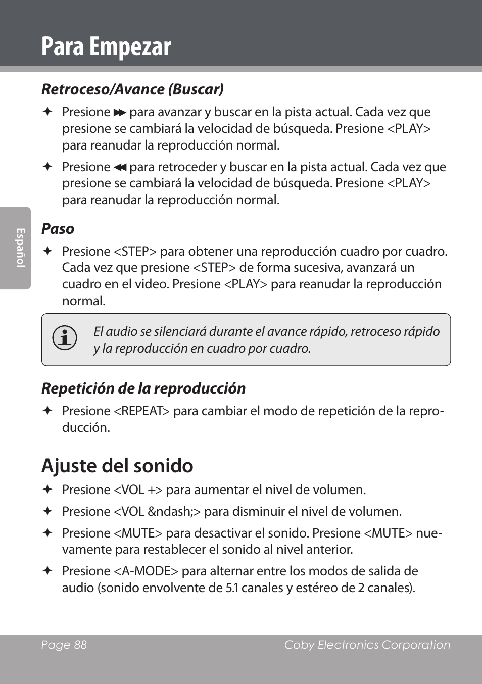 Para empezar, Ajuste del sonido | COBY DVD978 User Manual | Page 88 / 190