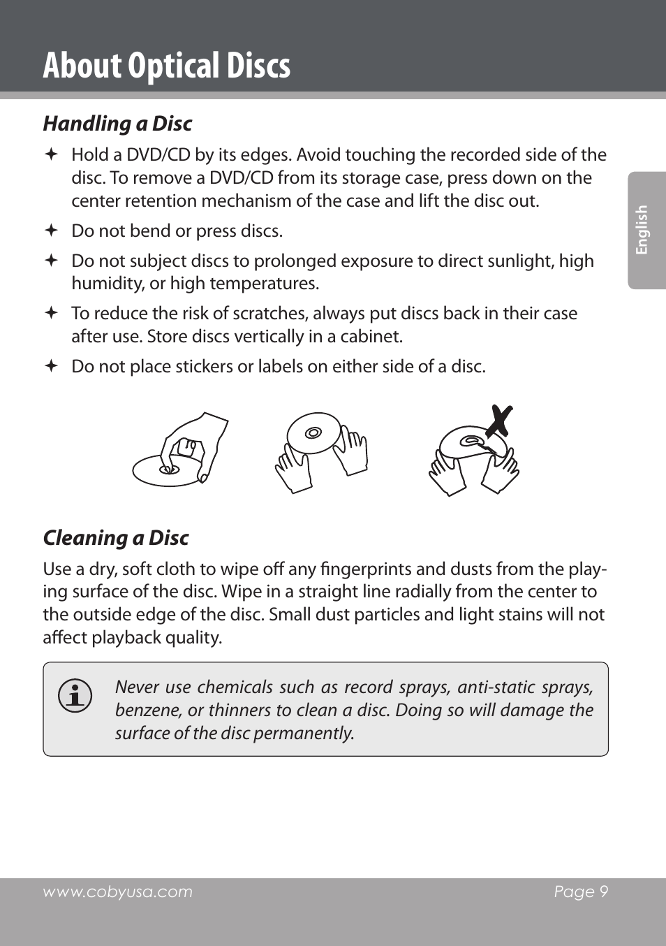 About optical discs, Handling a disc, Cleaning a disc | COBY DVD978 User Manual | Page 9 / 190