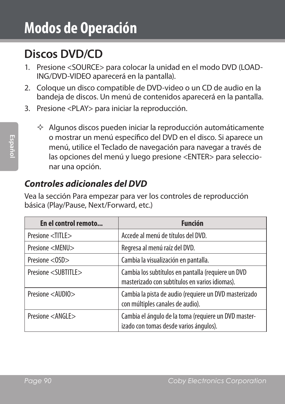 Modos de operación, Discos dvd/cd, Controles adicionales del dvd | COBY DVD978 User Manual | Page 90 / 190