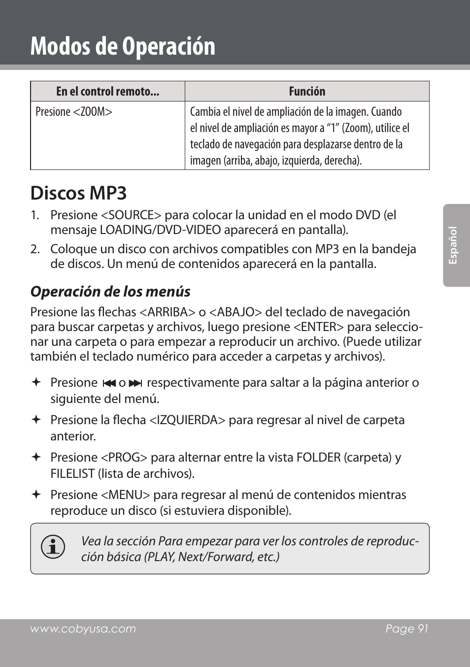 Modos de operación, Discos mp3, Operación de los menús | COBY DVD978 User Manual | Page 91 / 190