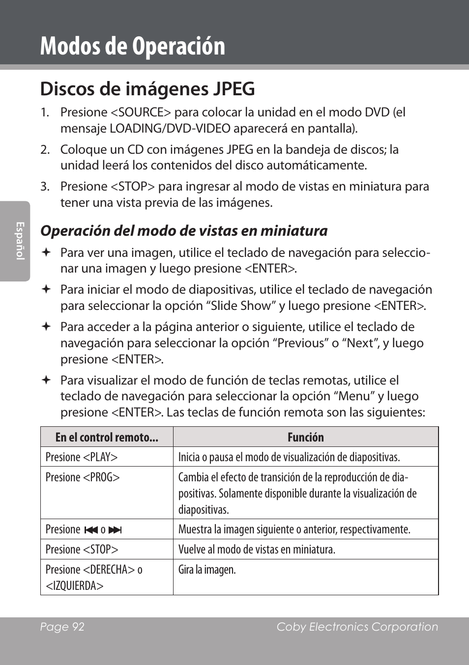 Modos de operación, Discos de imágenes jpeg, Operación del modo de vistas en miniatura | COBY DVD978 User Manual | Page 92 / 190