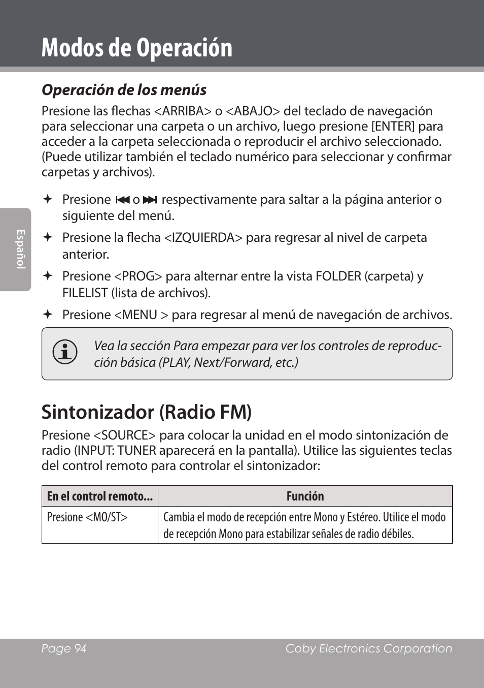 Modos de operación, Sintonizador (radio fm), Operación de los menús | COBY DVD978 User Manual | Page 94 / 190