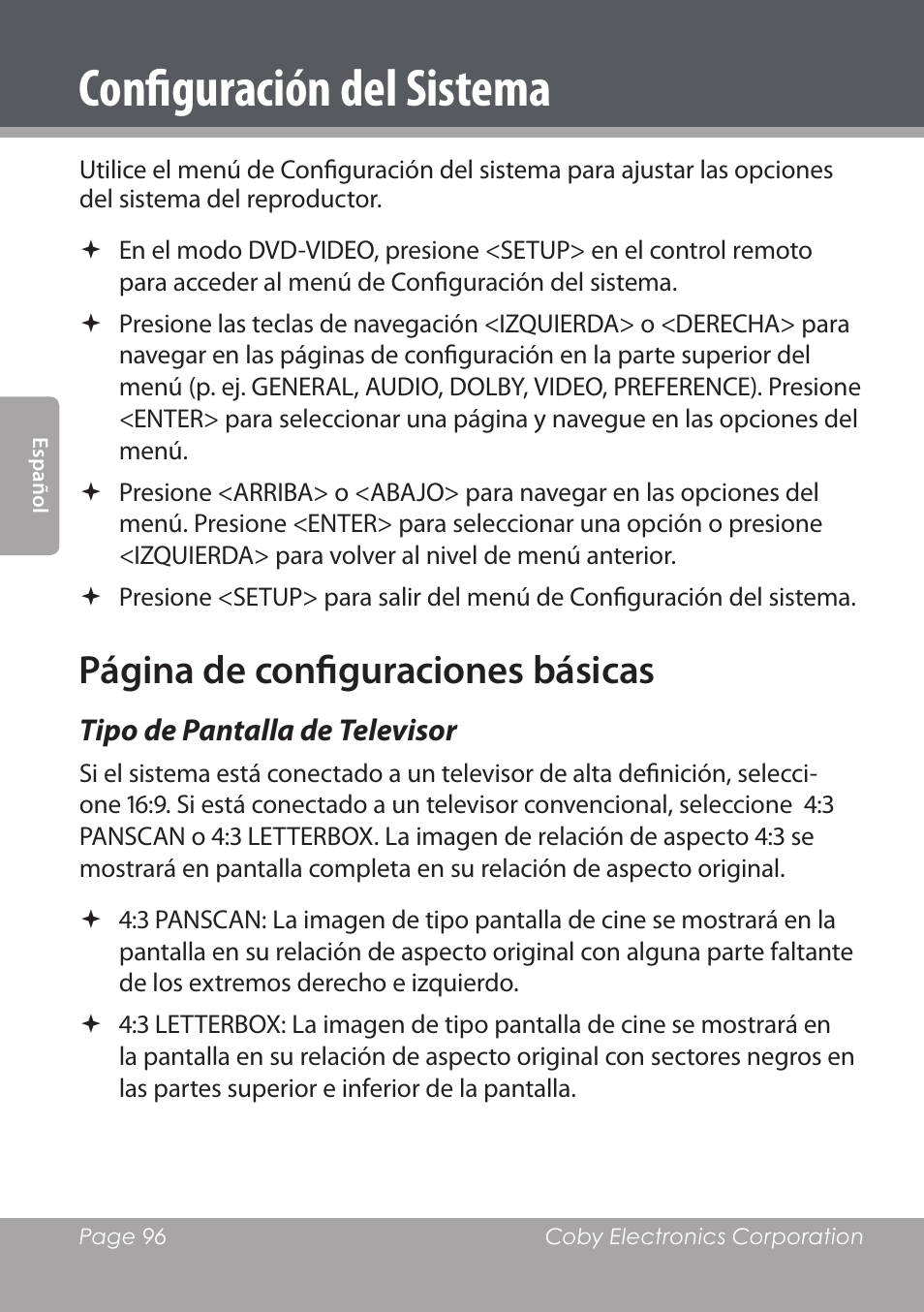 Configuración del sistema, Página de configuraciones básicas, Tipo de pantalla de televisor | COBY DVD978 User Manual | Page 96 / 190