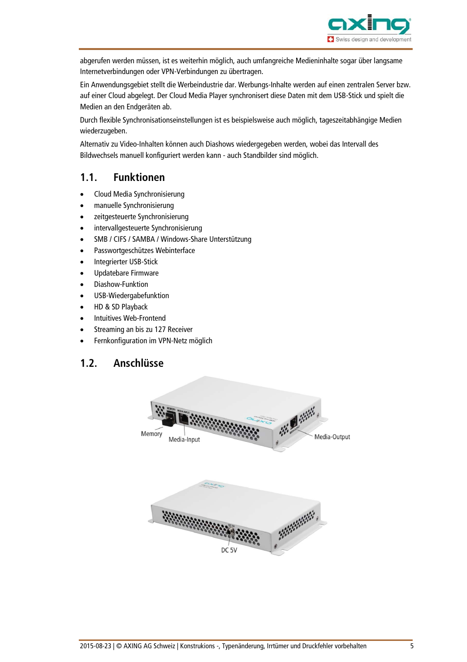 Funktionen, Anschlüsse | AXING HoE 1-03 User Manual | Page 5 / 67