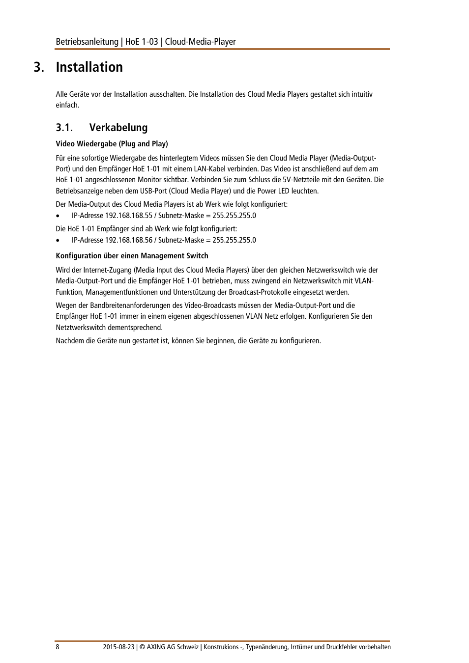 Installation, Verkabelung | AXING HoE 1-03 User Manual | Page 8 / 67