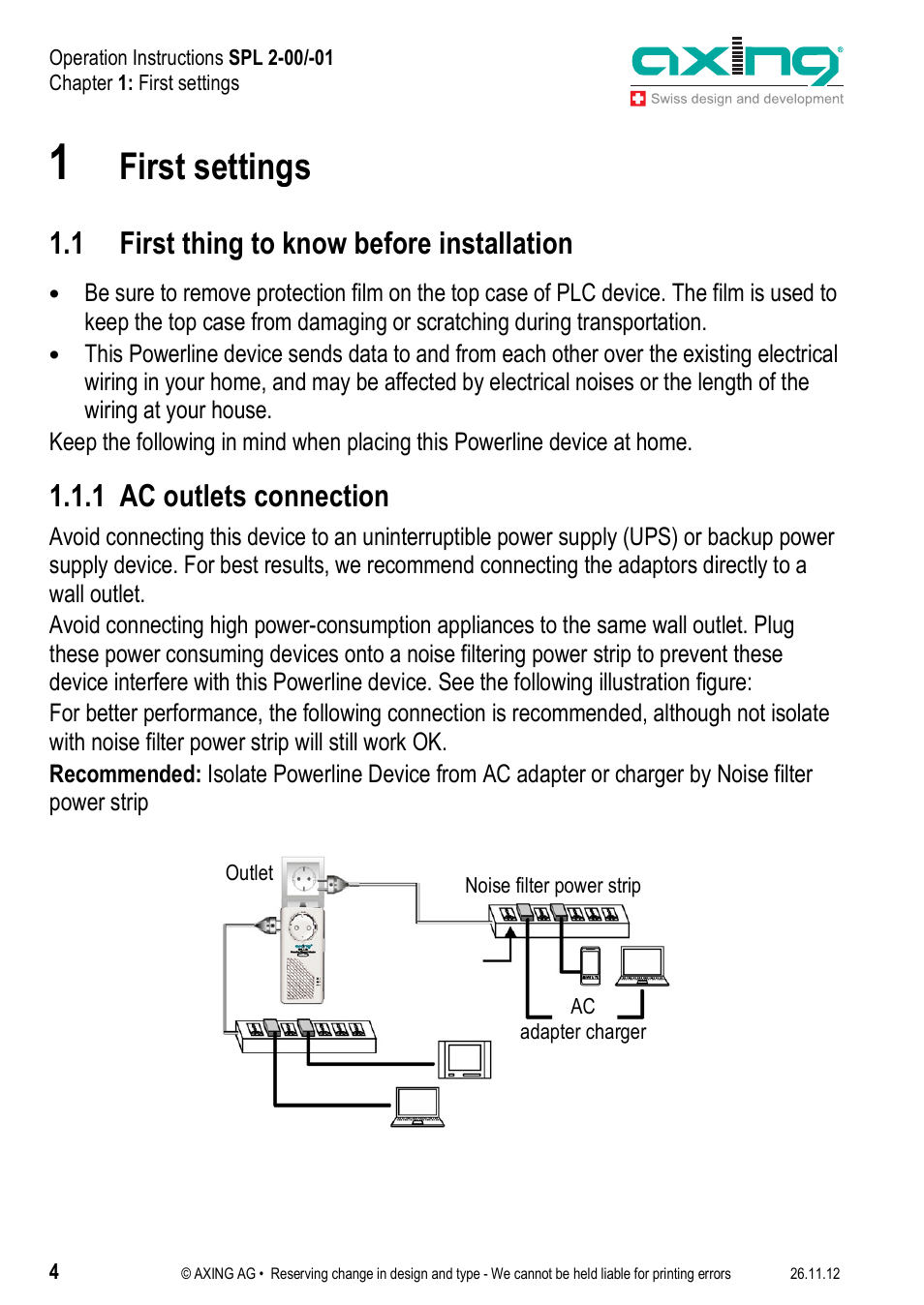 First settings, 1 first thing to know before installation, 1 ac outlets connection | AXING SPL 2-00 User Manual | Page 4 / 16