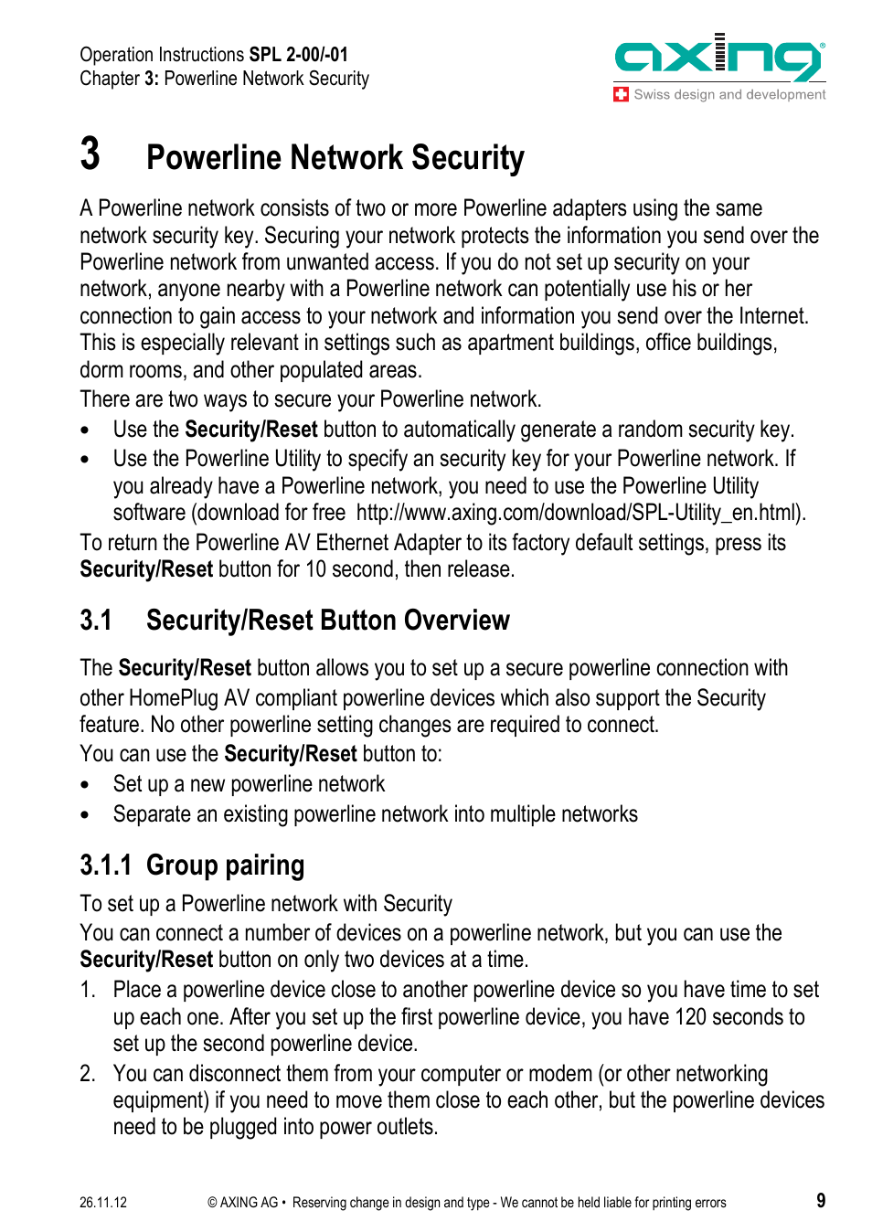 Powerline network security, 1 security/reset button overview, 1 group pairing | AXING SPL 2-00 User Manual | Page 9 / 16